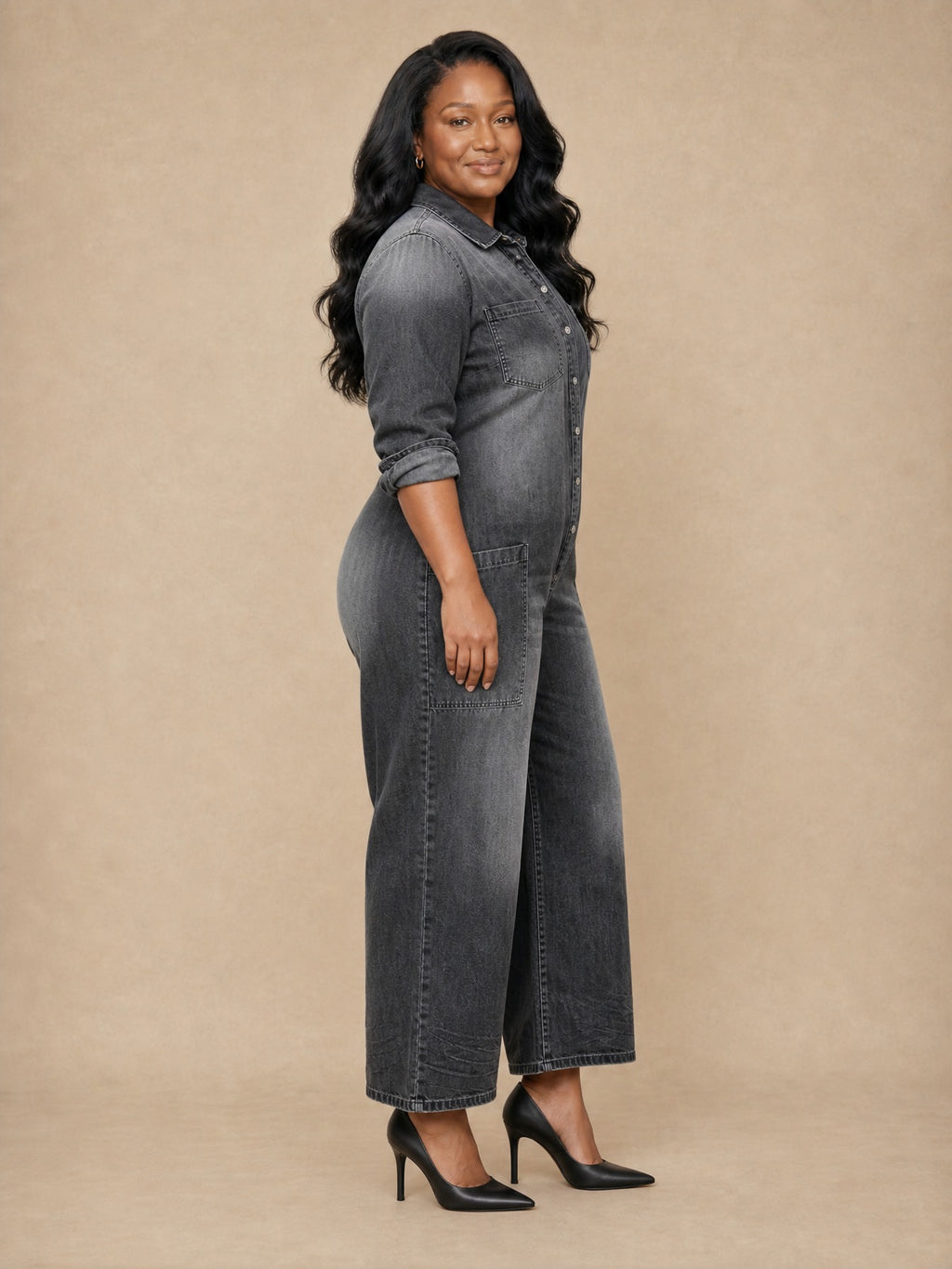 Diana Button-Front Denim Jumpsuit