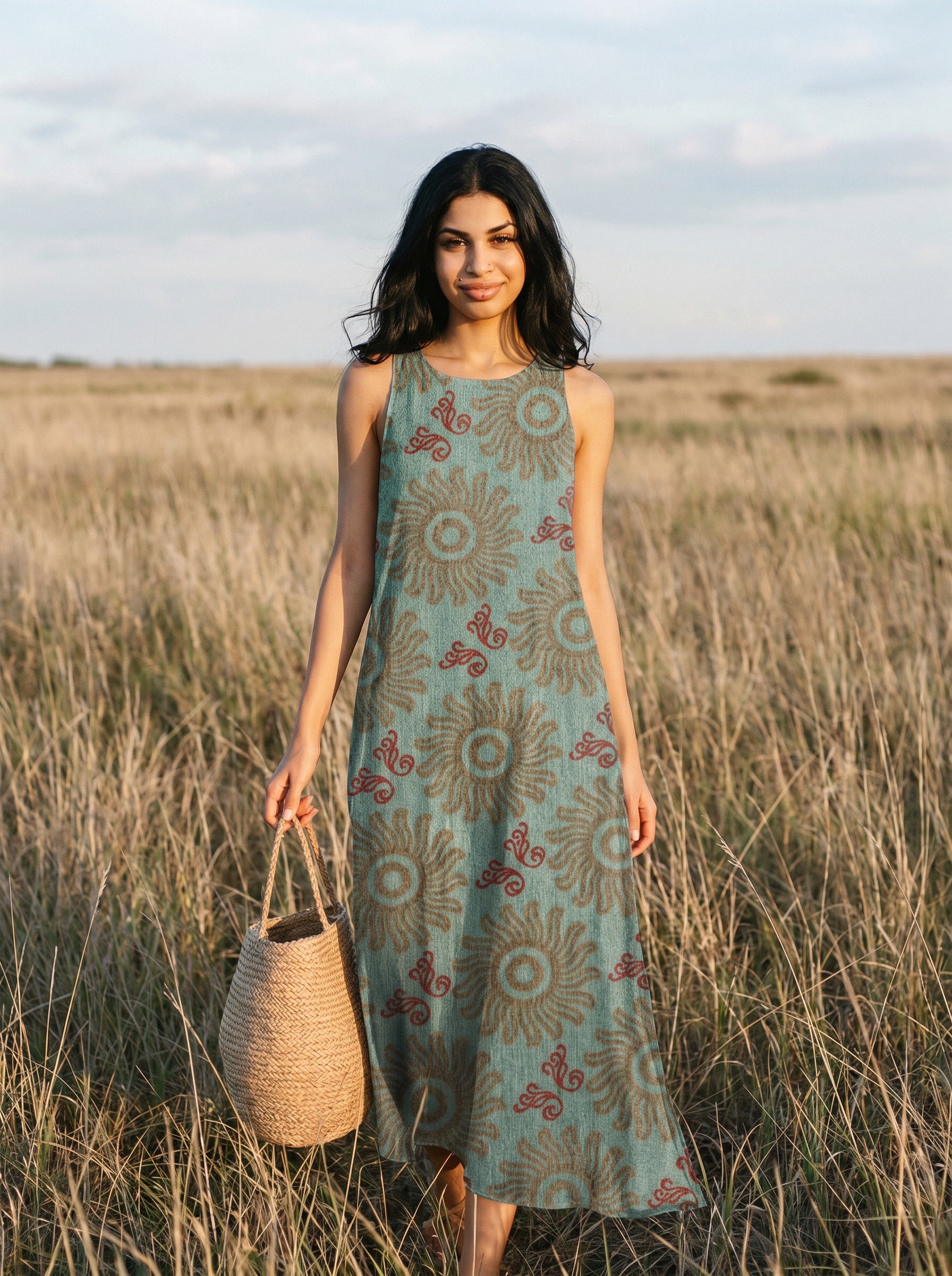 Maren Sleeveless Maxi Dress in Sage Sunflower Medallion