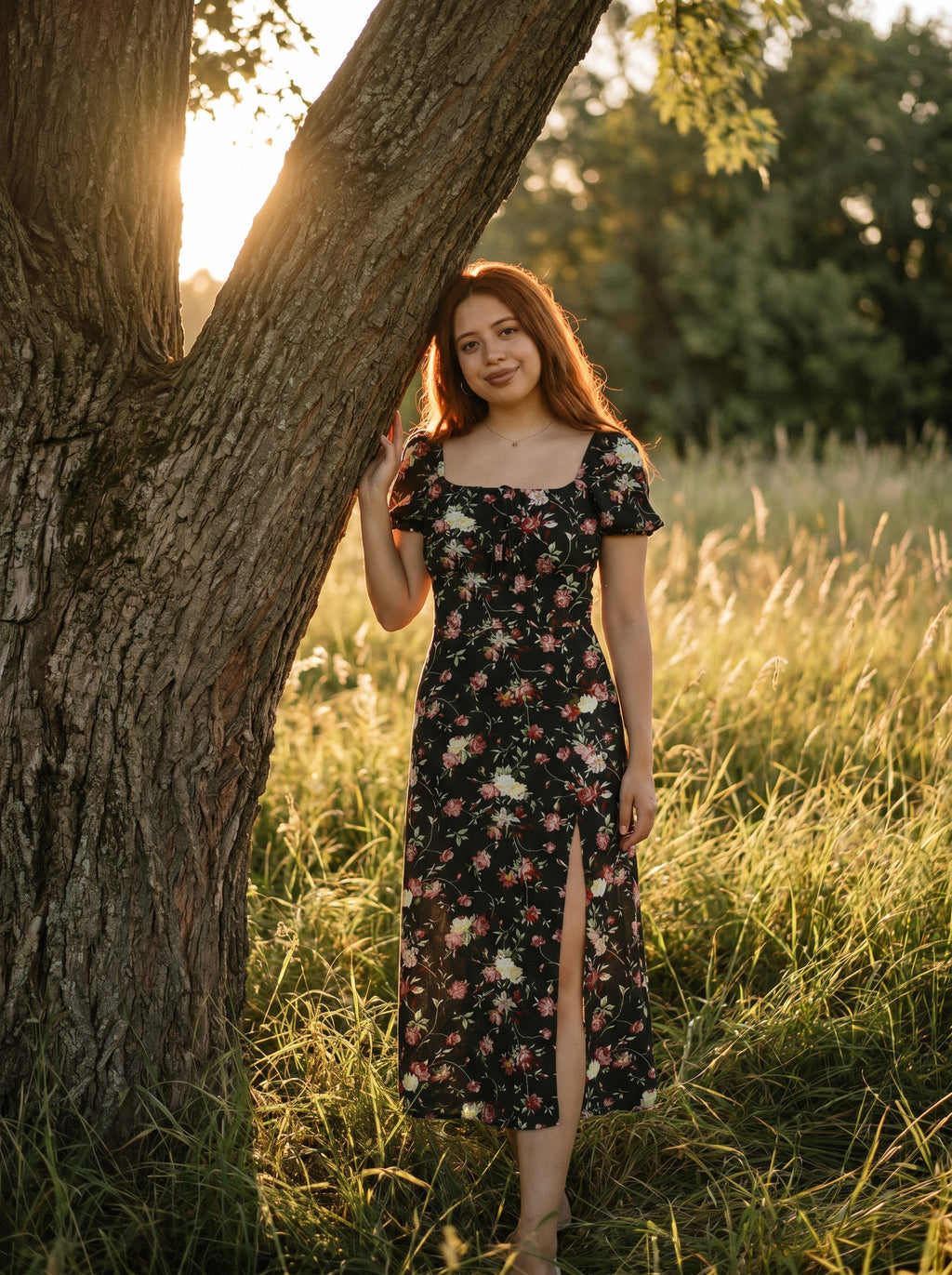 Harlow Puff Sleeve Midi Dress in Midnight Roses