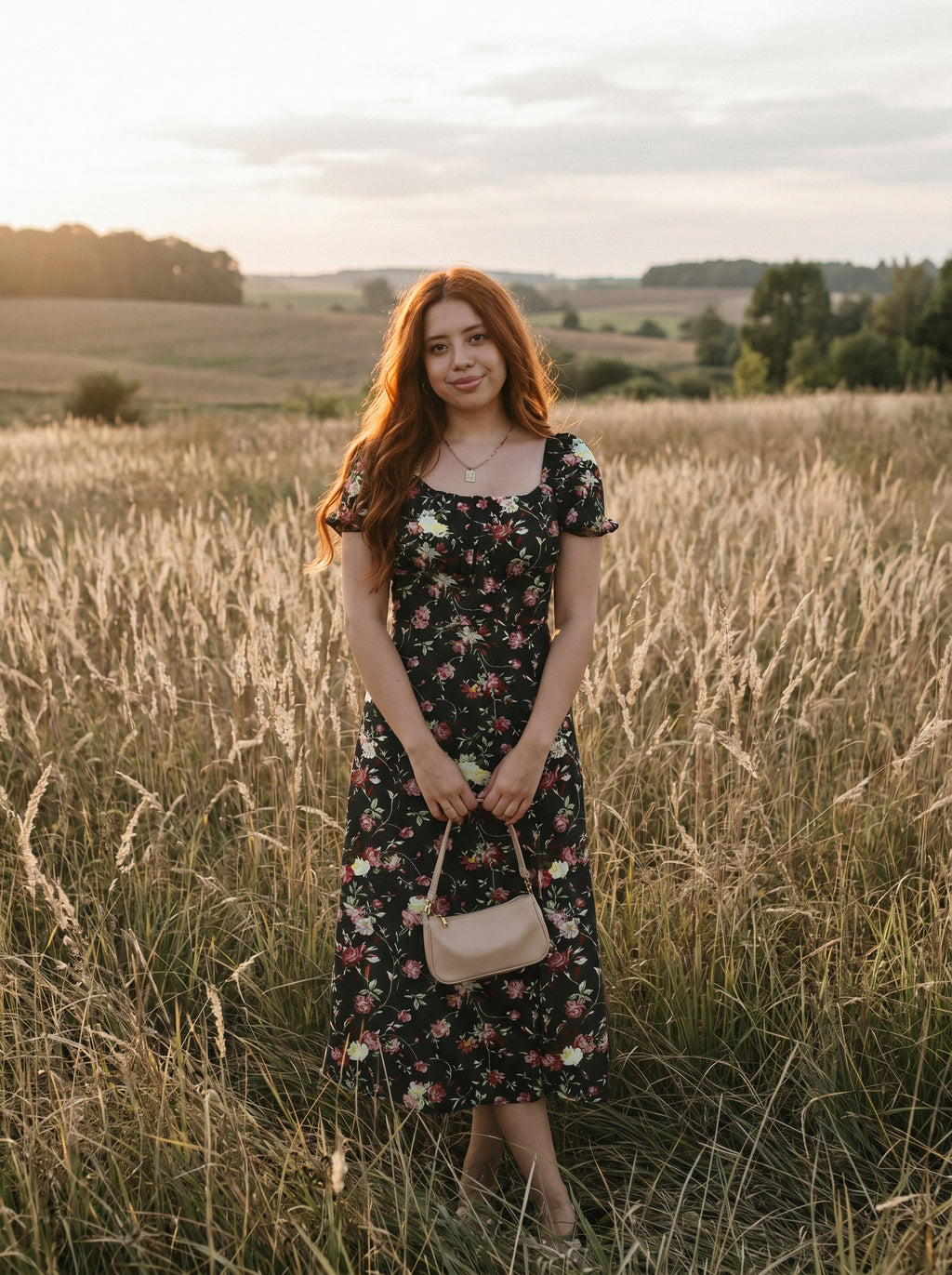 Harlow Puff Sleeve Midi Dress in Midnight Roses