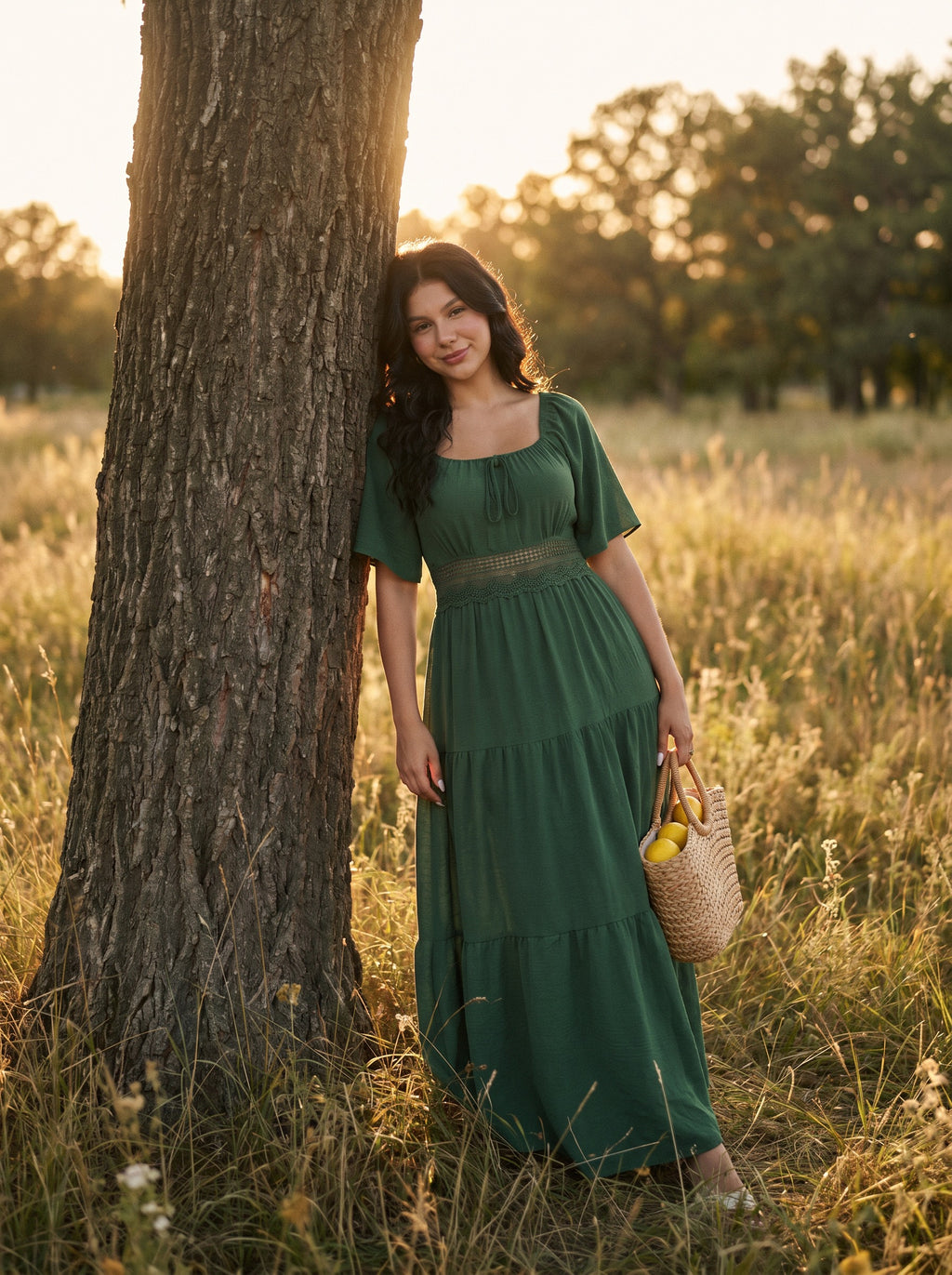 Colette Flutter Sleeve Maxi Dress in Evergreen & Midnight