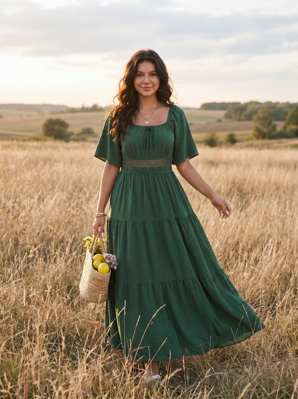 Colette Flutter Sleeve Maxi Dress in Evergreen & Midnight