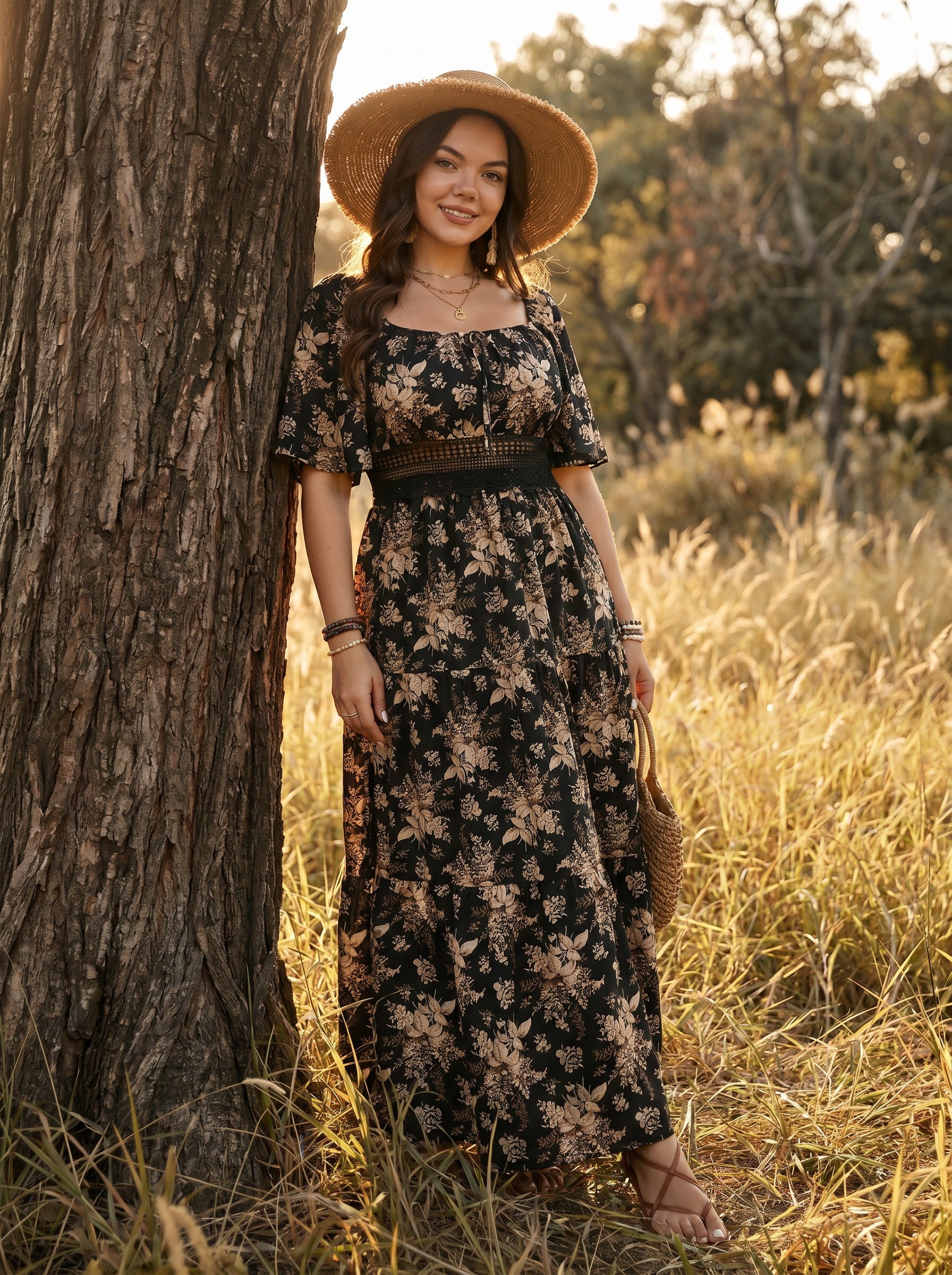 Colette Flutter Sleeve Maxi Dress in Antique Noir Florals