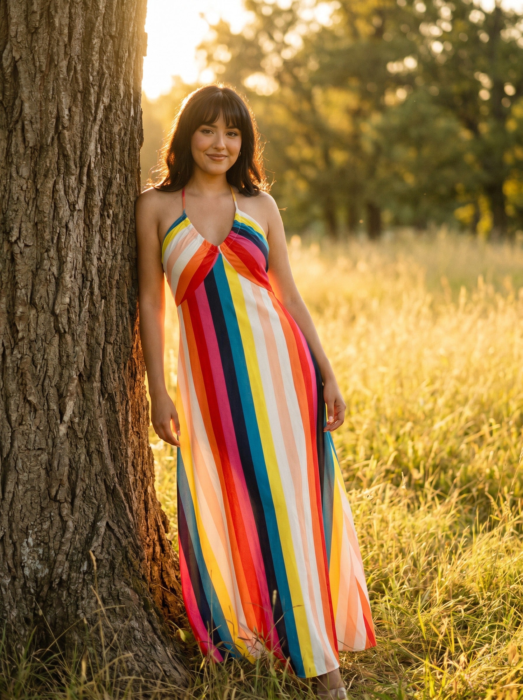 Odette Halter Maxi Dress in Rainbow Ribbon Stripes