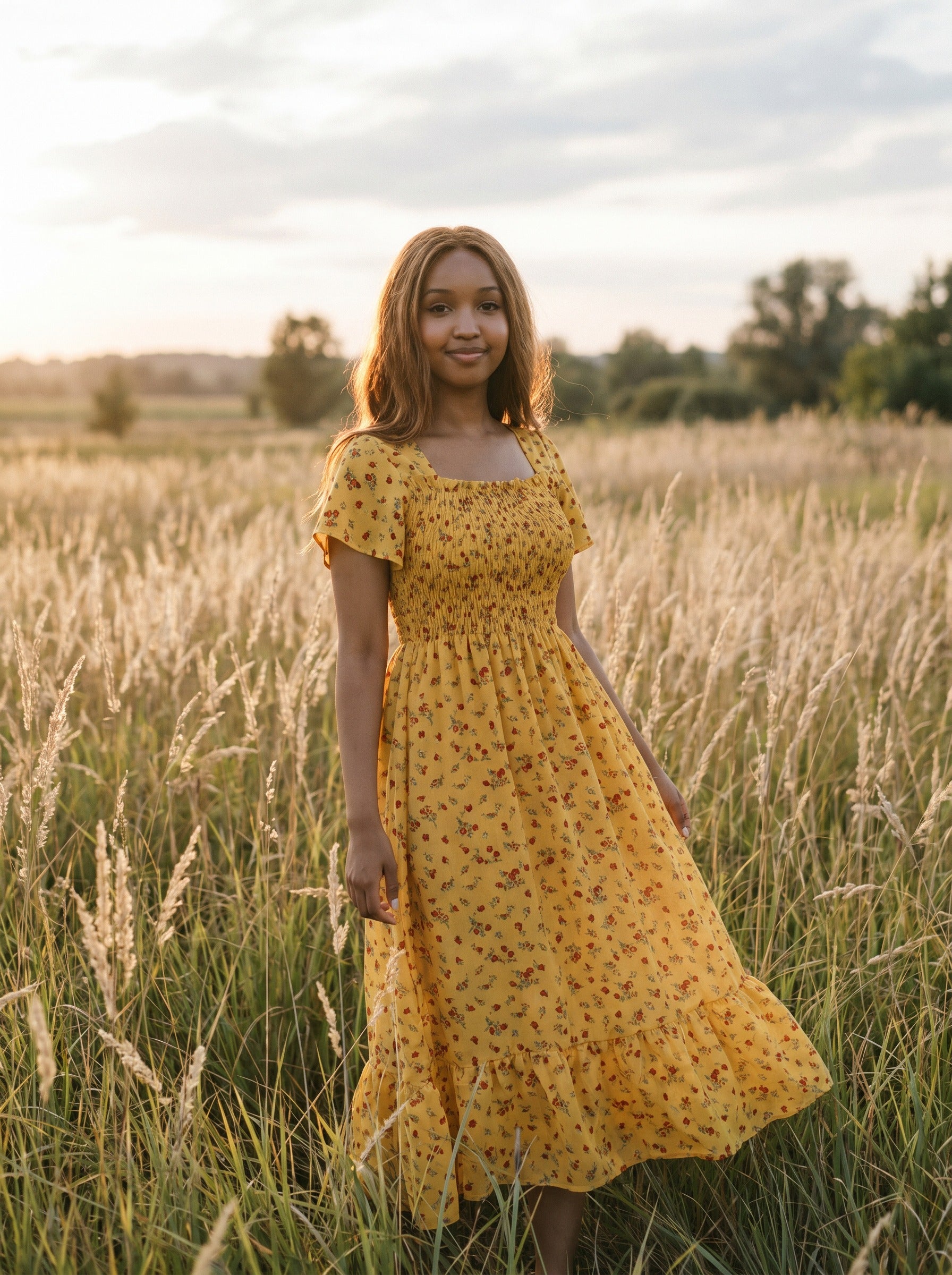 Beatrix Smocked Puff Sleeve Midi Dress in Vintage Rosebud Florals
