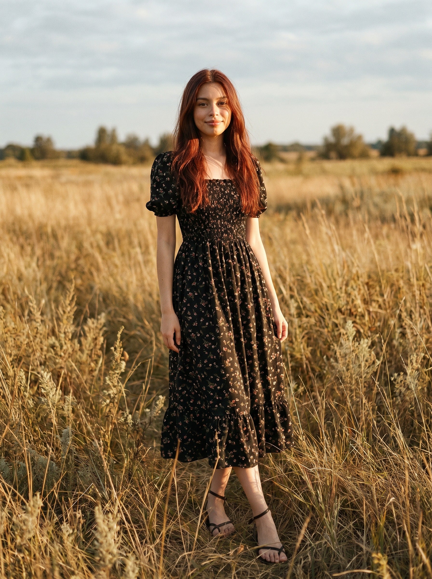 Beatrix Smocked Puff Sleeve Midi Dress in Vintage Rosebud Florals