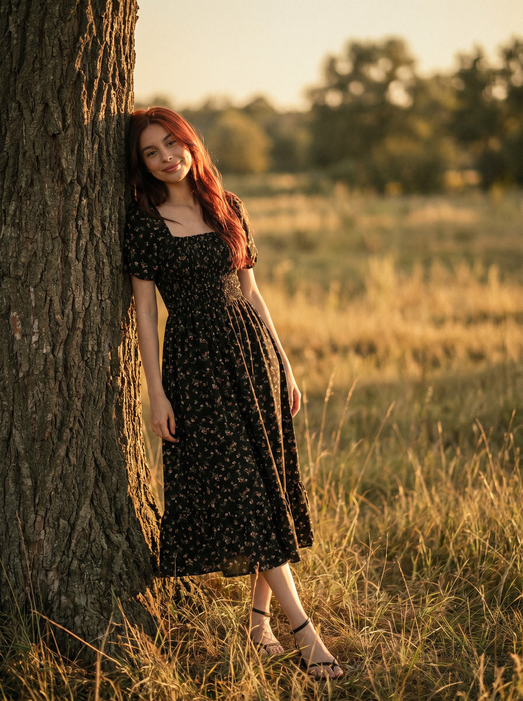 Beatrix Smocked Puff Sleeve Midi Dress in Vintage Rosebud Florals