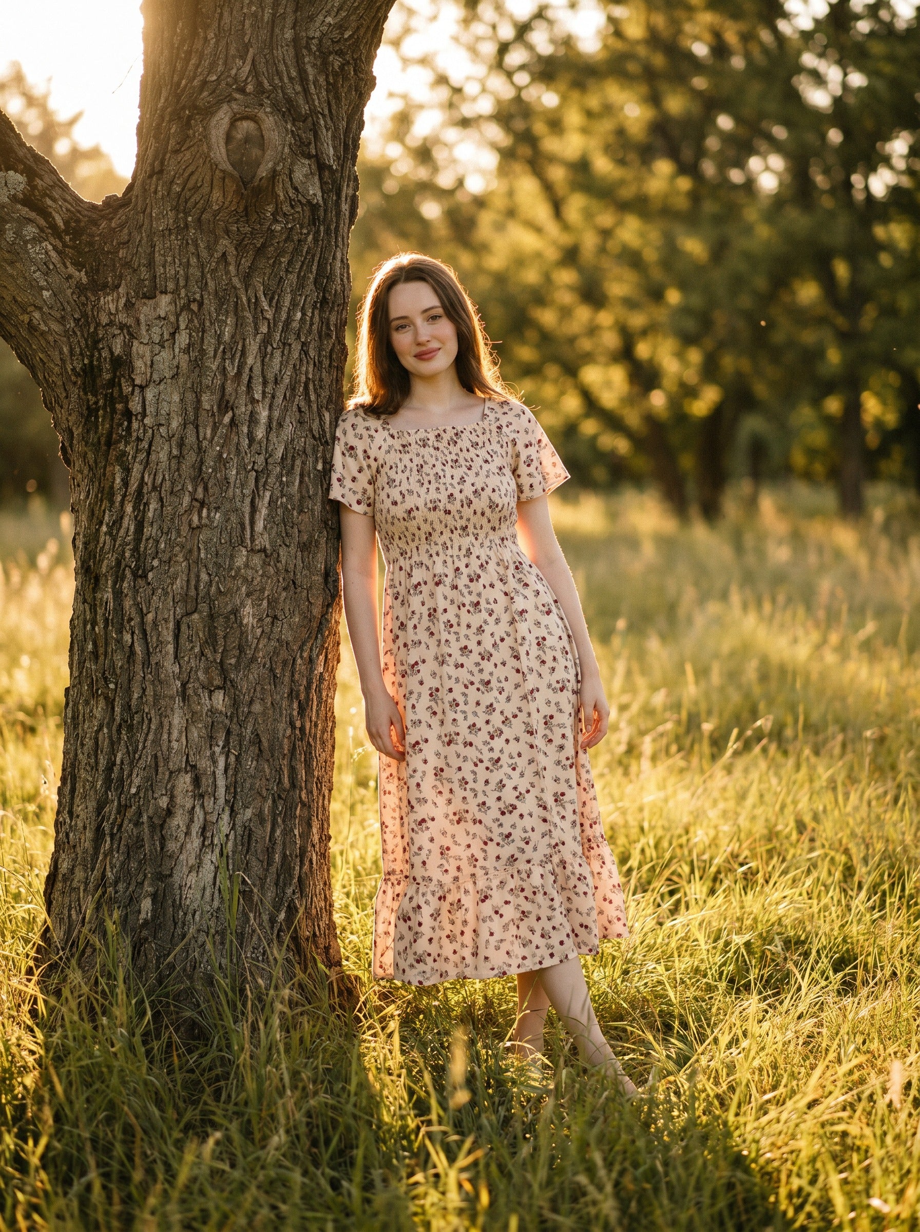 Beatrix Smocked Puff Sleeve Midi Dress in Vintage Rosebud Florals
