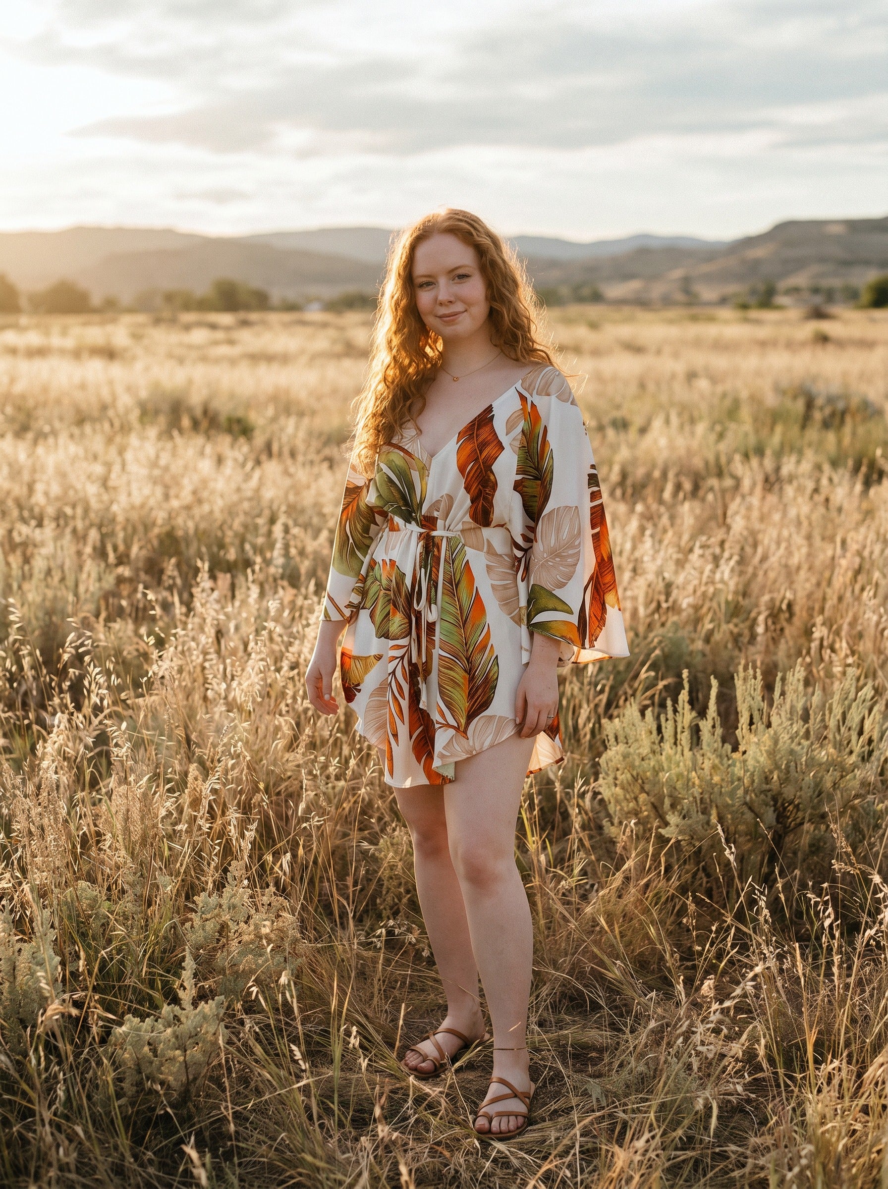Genevieve Flutter Sleeve Mini Dress in Autumn Grove