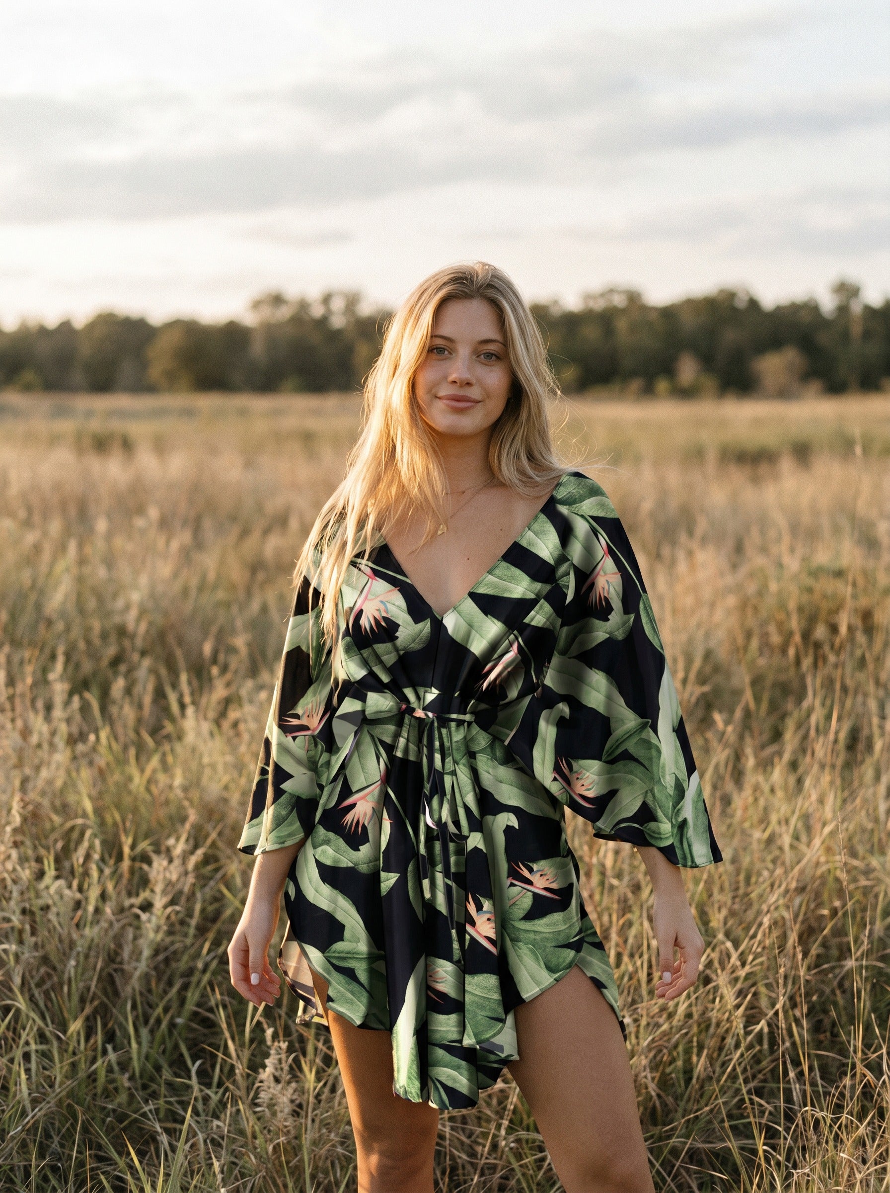 Genevieve Flutter Sleeve Mini Dress in Midnight Palm