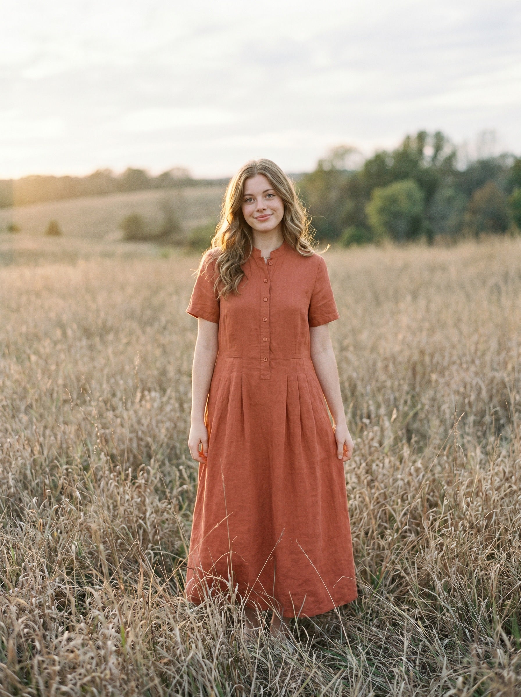 Marigold Stand Collar Midi Dress in Harvest Solids