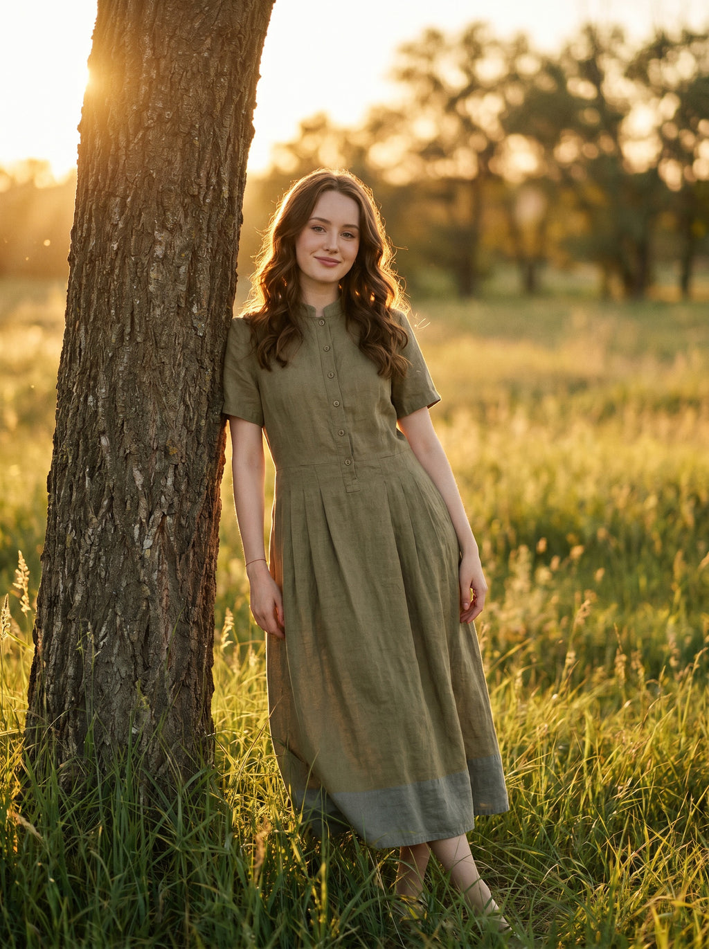 Marigold Stand Collar Midi Dress in Harvest Solids