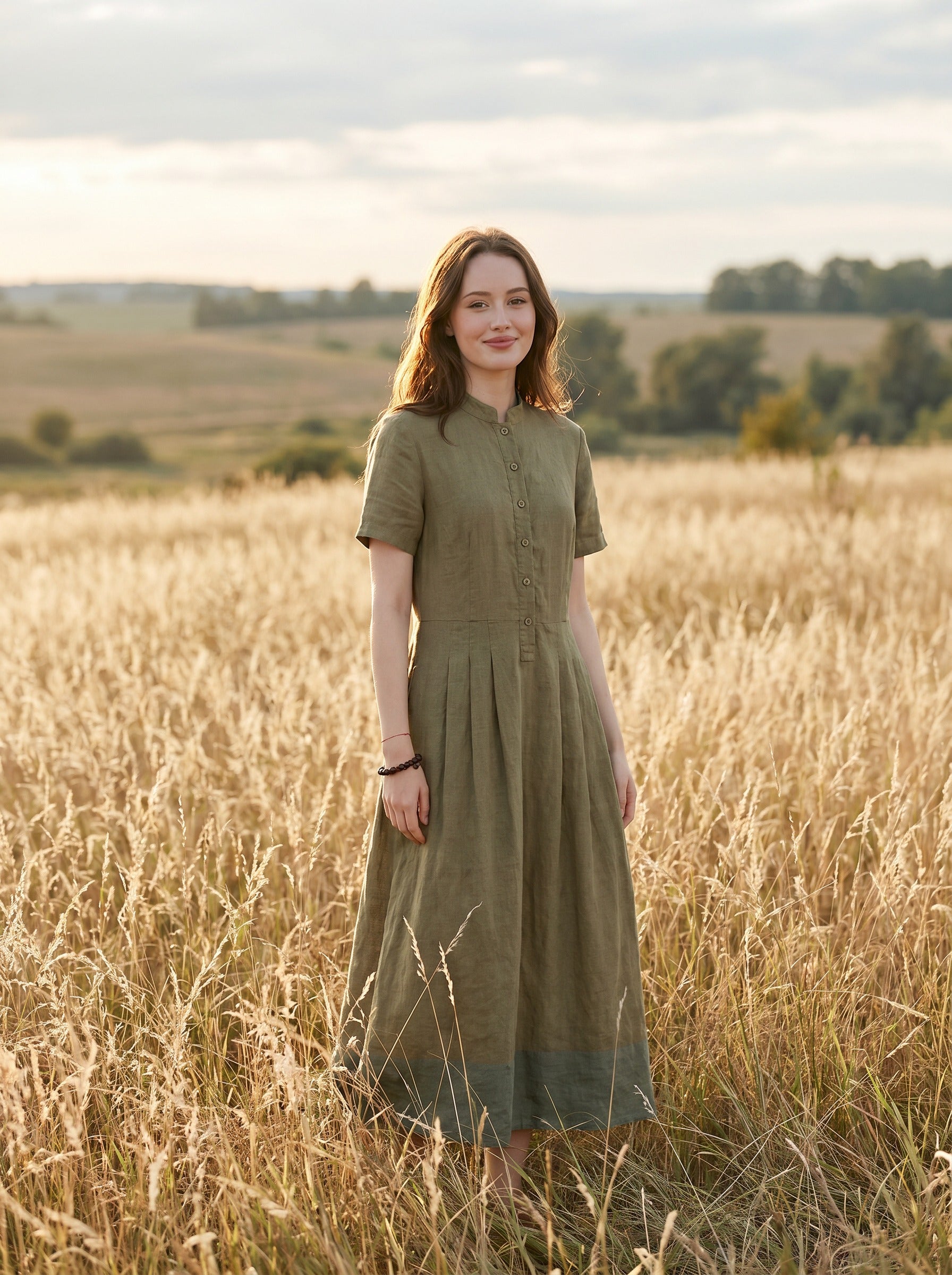 Marigold Stand Collar Midi Dress in Harvest Solids