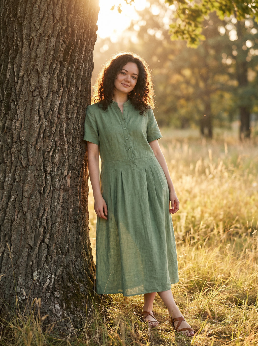 Marigold Stand Collar Midi Dress in Harvest Solids