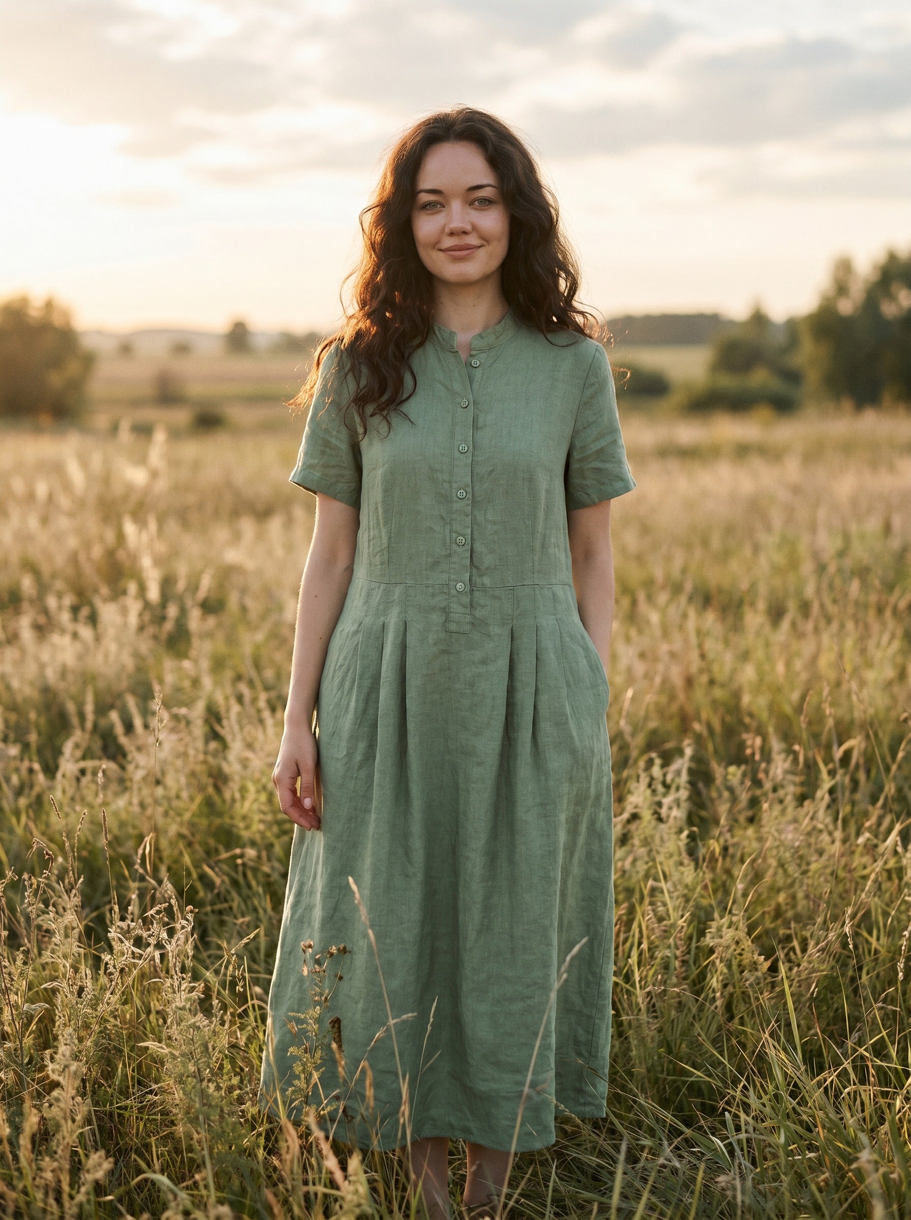 Marigold Stand Collar Midi Dress in Harvest Solids