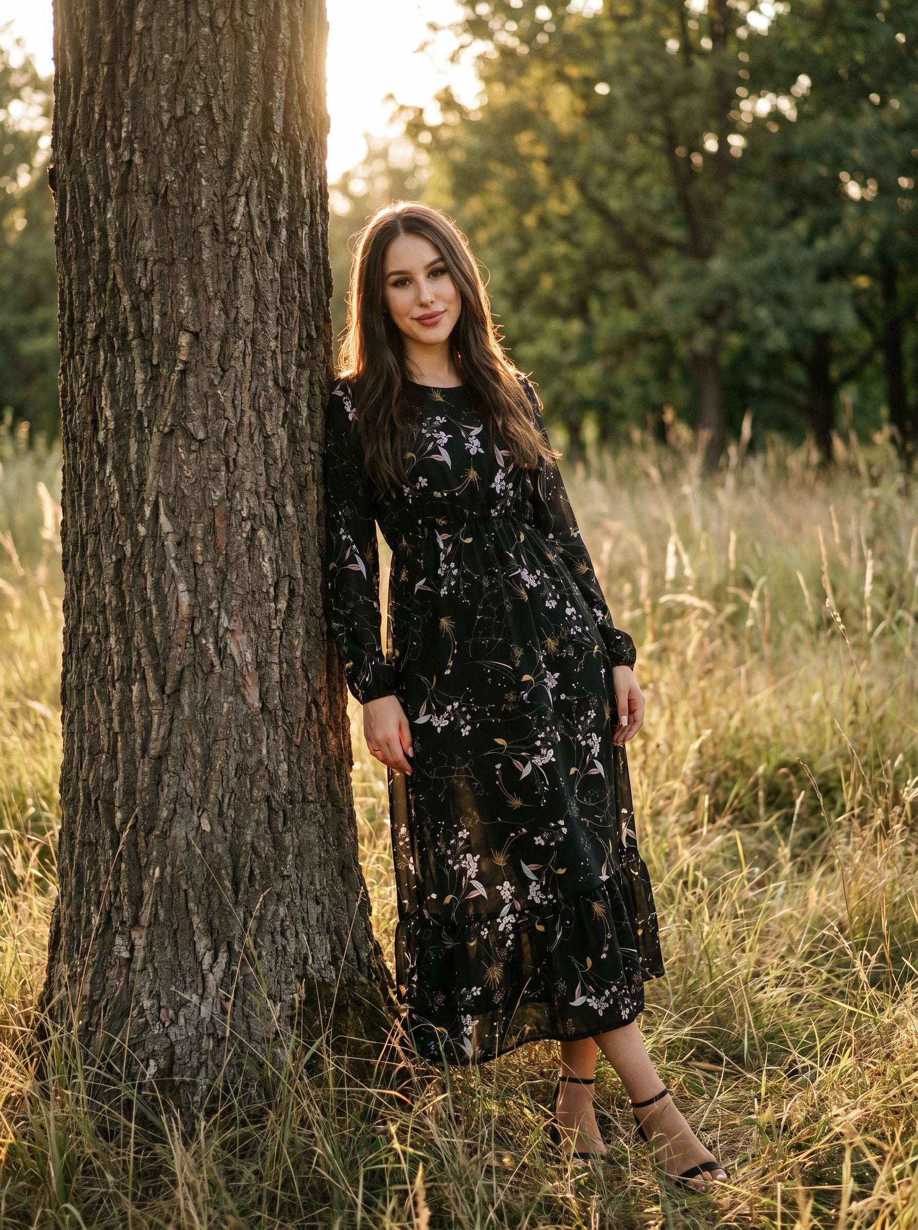 Juniper Tiered Maxi Dress in Gilded Night Garden