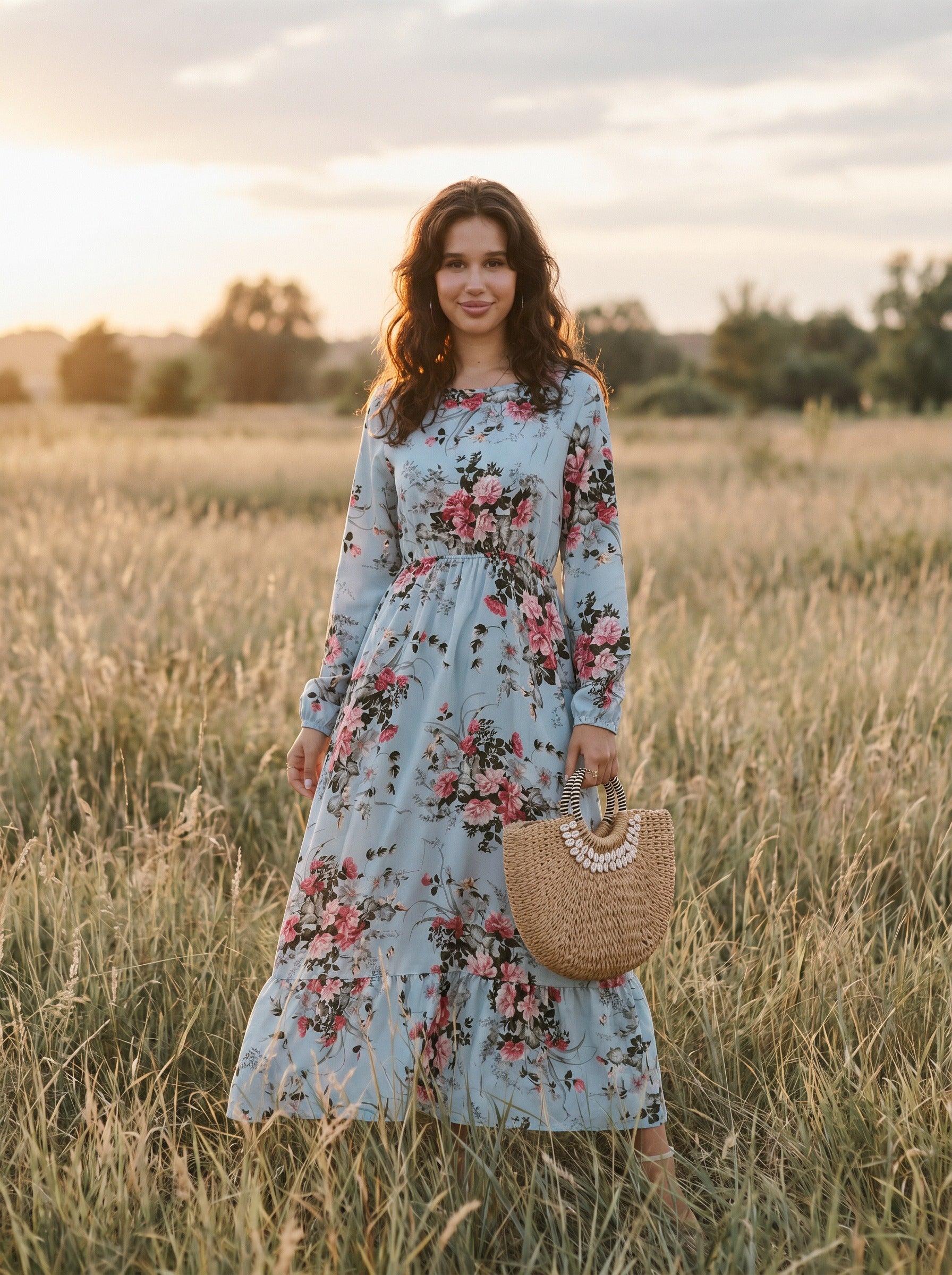 Clara Flounce Hem Maxi Dress in Powder Blue Roses