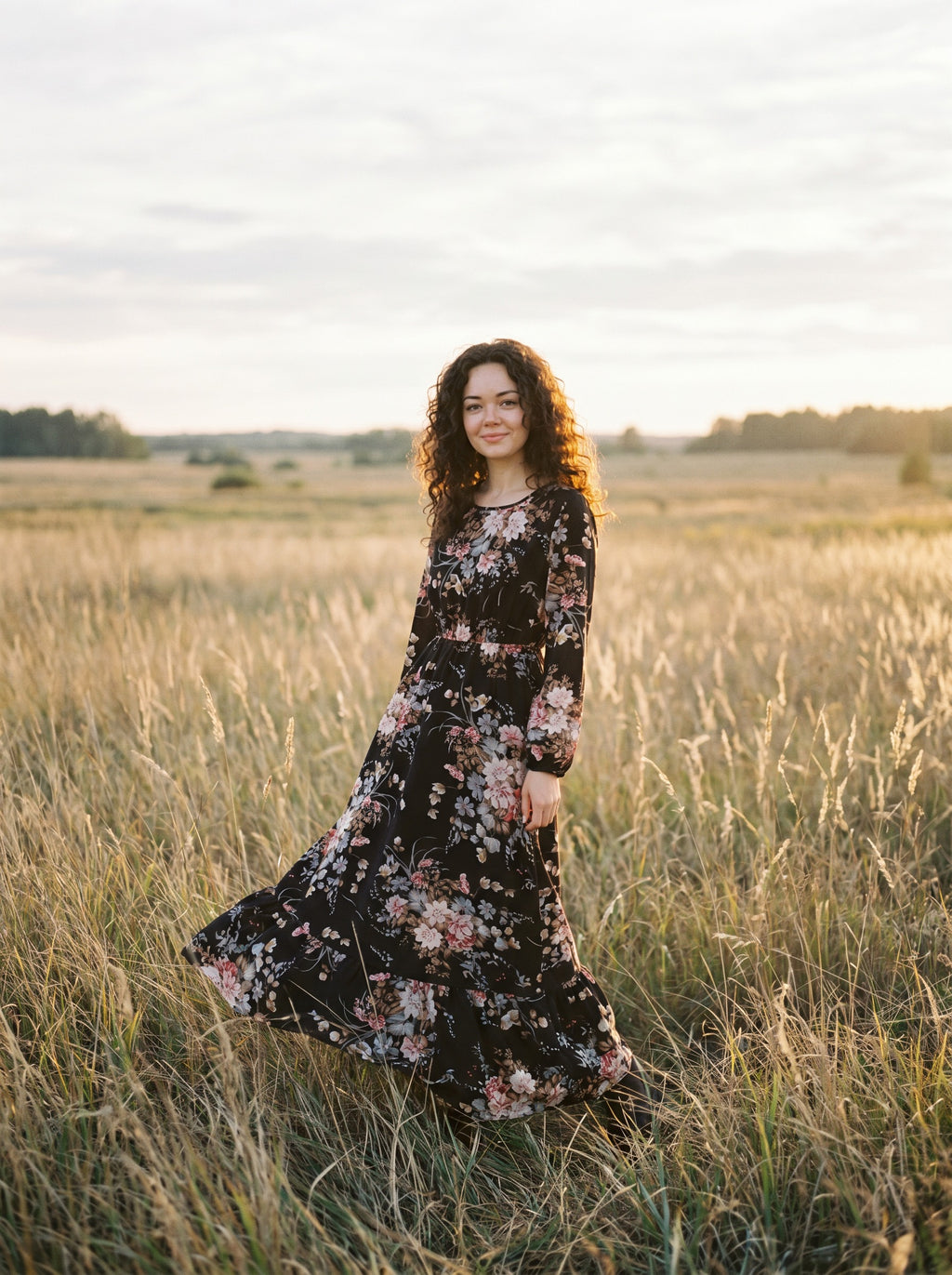 Clara Flounce Hem Maxi Dress in Faded Blush Blossoms