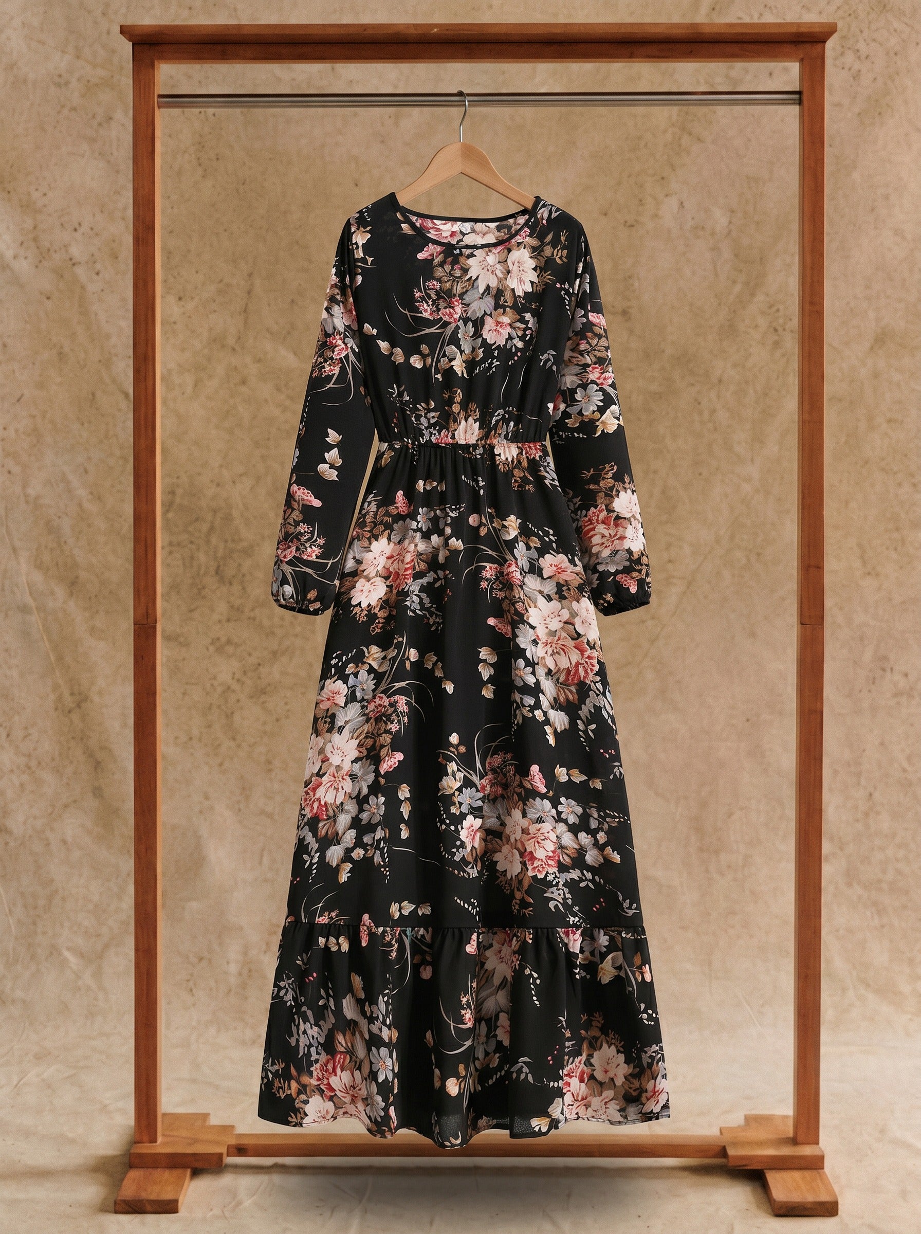 Clara Flounce Hem Maxi Dress in Faded Blush Blossoms