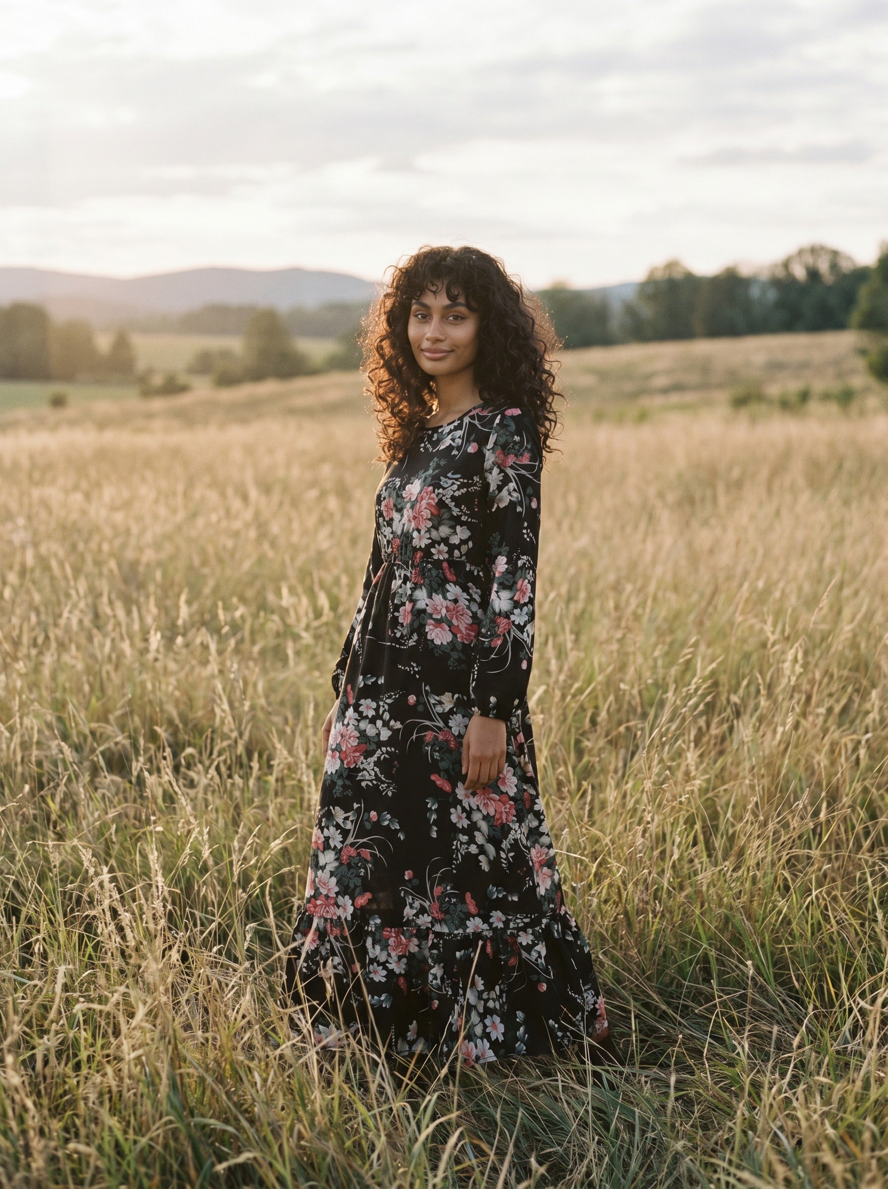 Clara Flounce Hem Maxi Dress in Midnight Roses