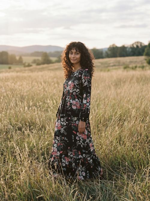 Clara Flounce Hem Maxi Dress in Midnight Roses