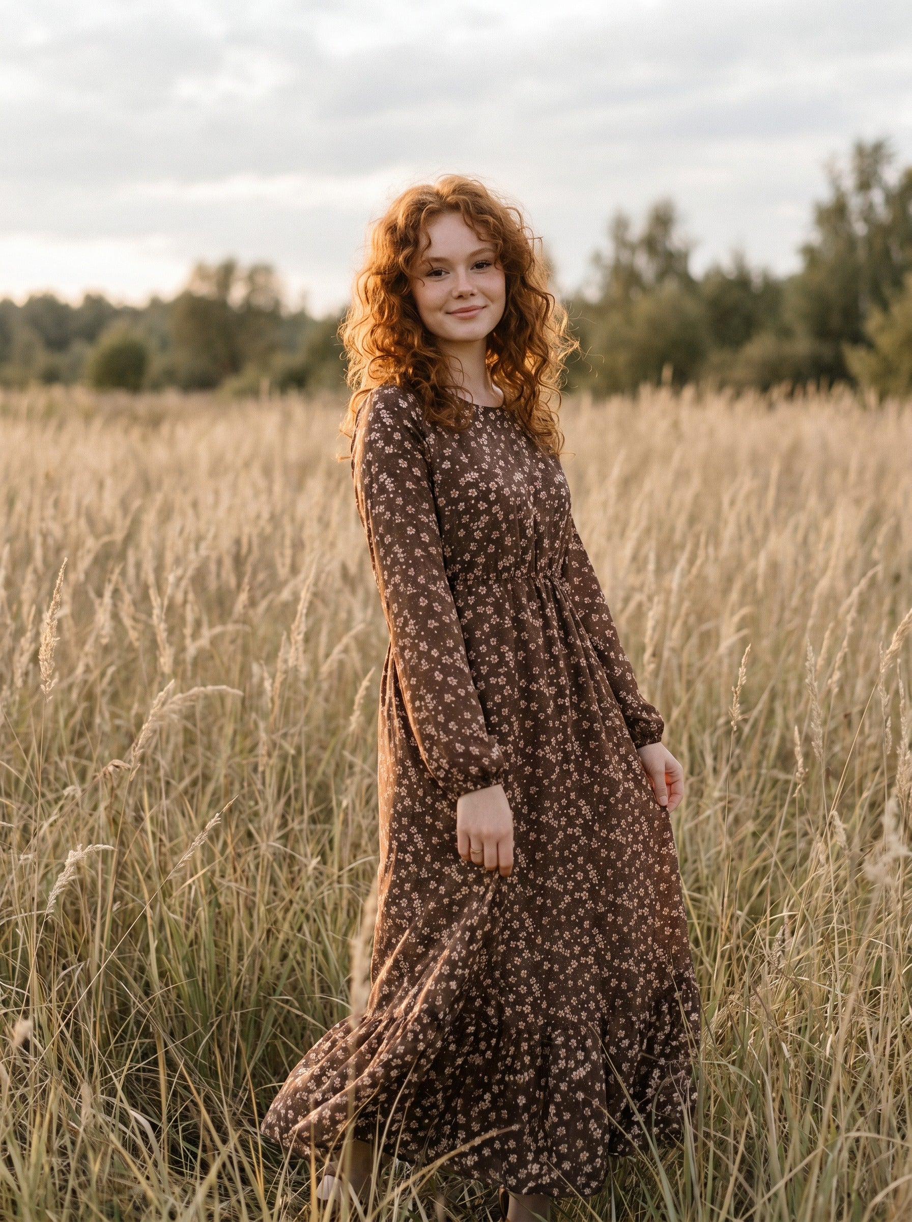Clara Flounce Hem Maxi Dress in Chestnut Calico