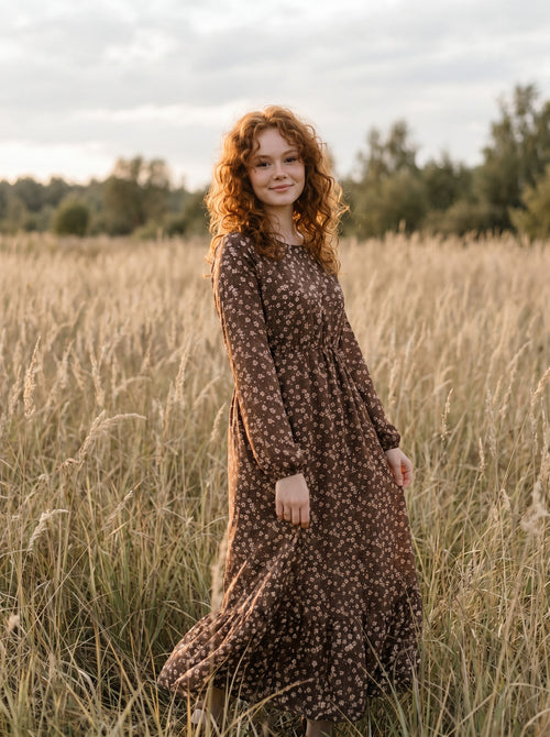 Clara Flounce Hem Maxi Dress in Chestnut Calico
