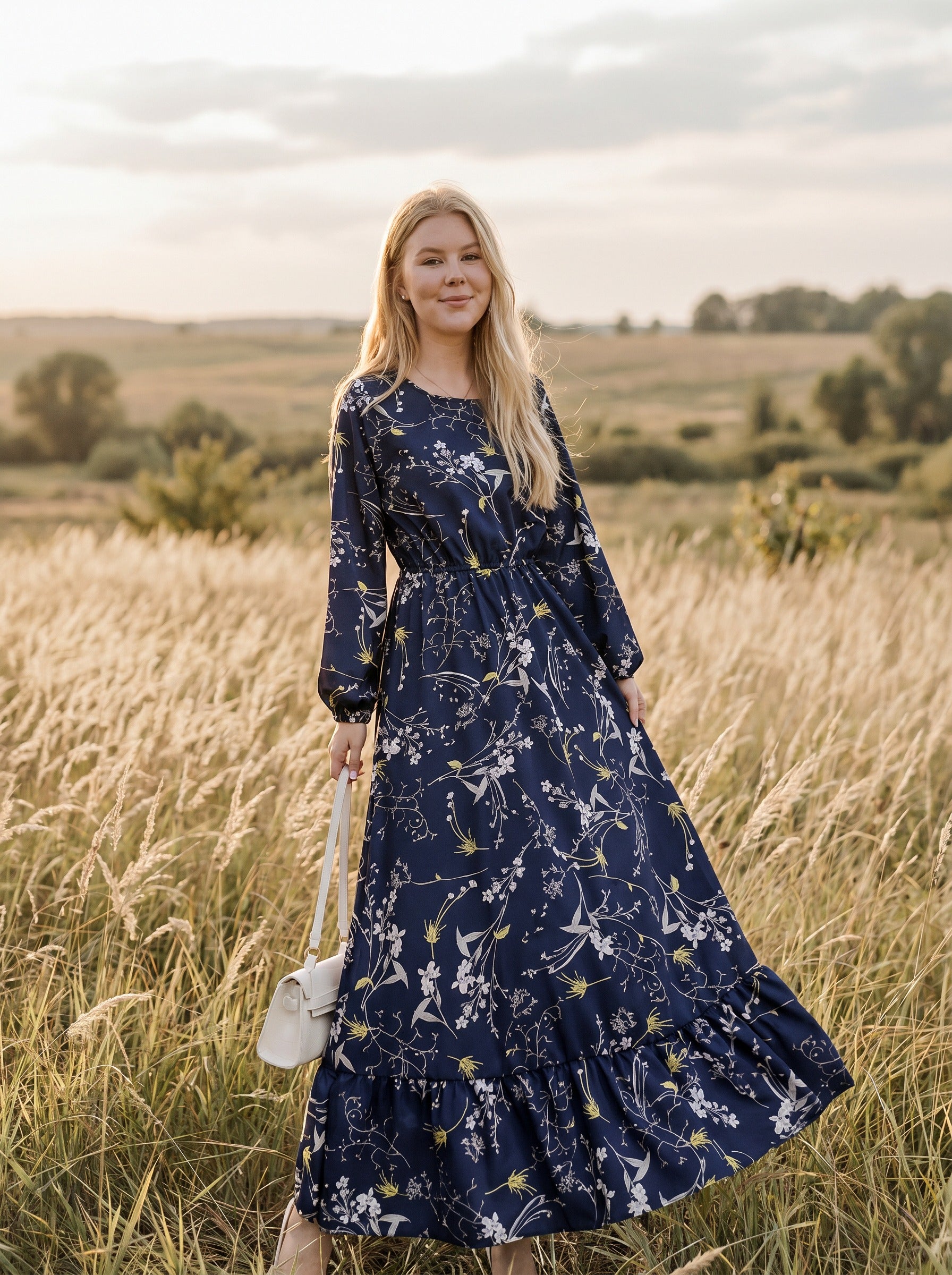 Clara Flounce Hem Maxi Dress in Night Botanical