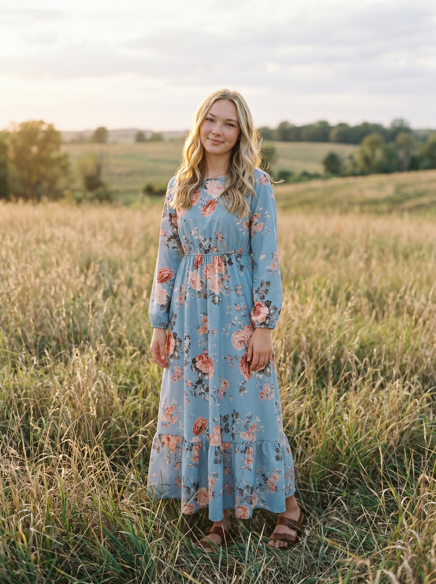 Clara Flounce Hem Maxi Dress in Peach Rose Garden