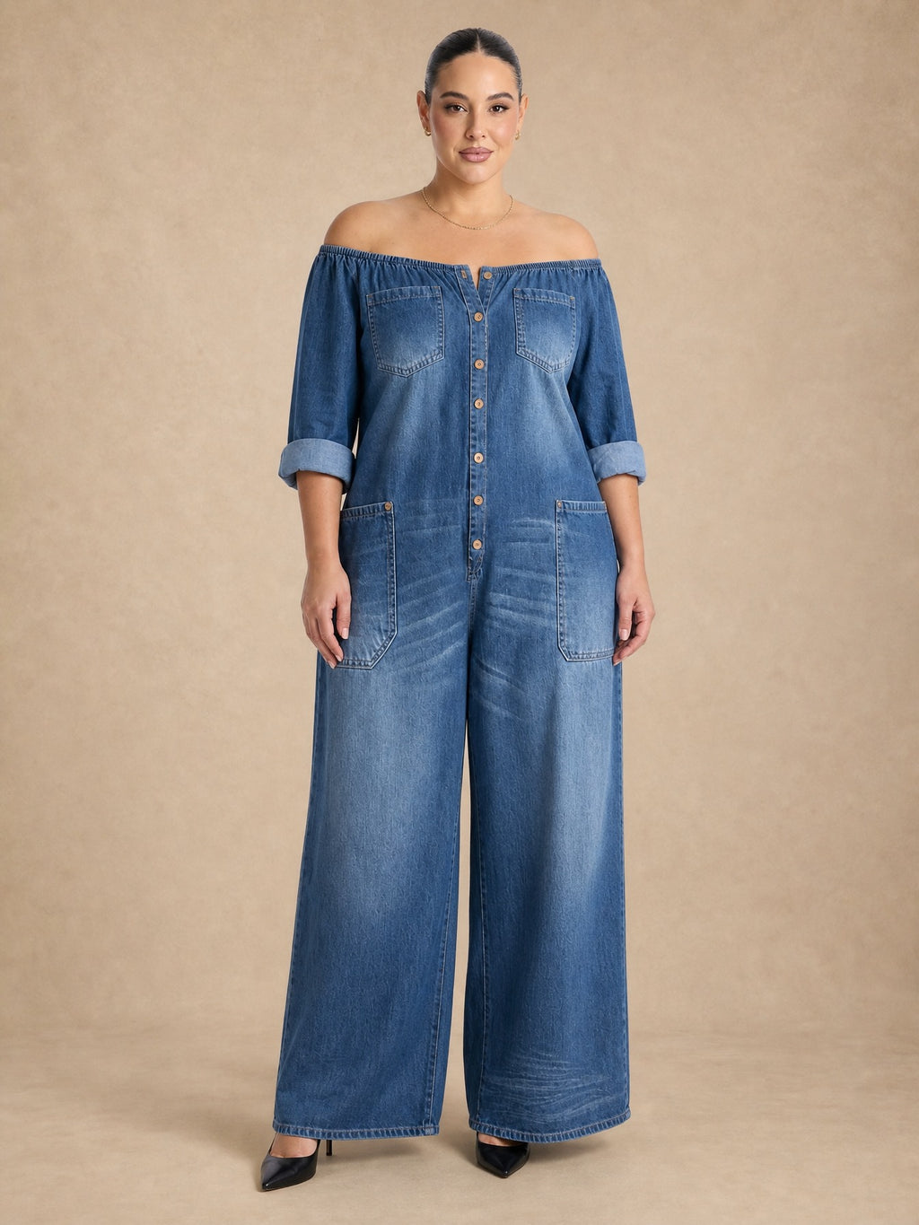 Elena Off Shoulder Denim Jumpsuit