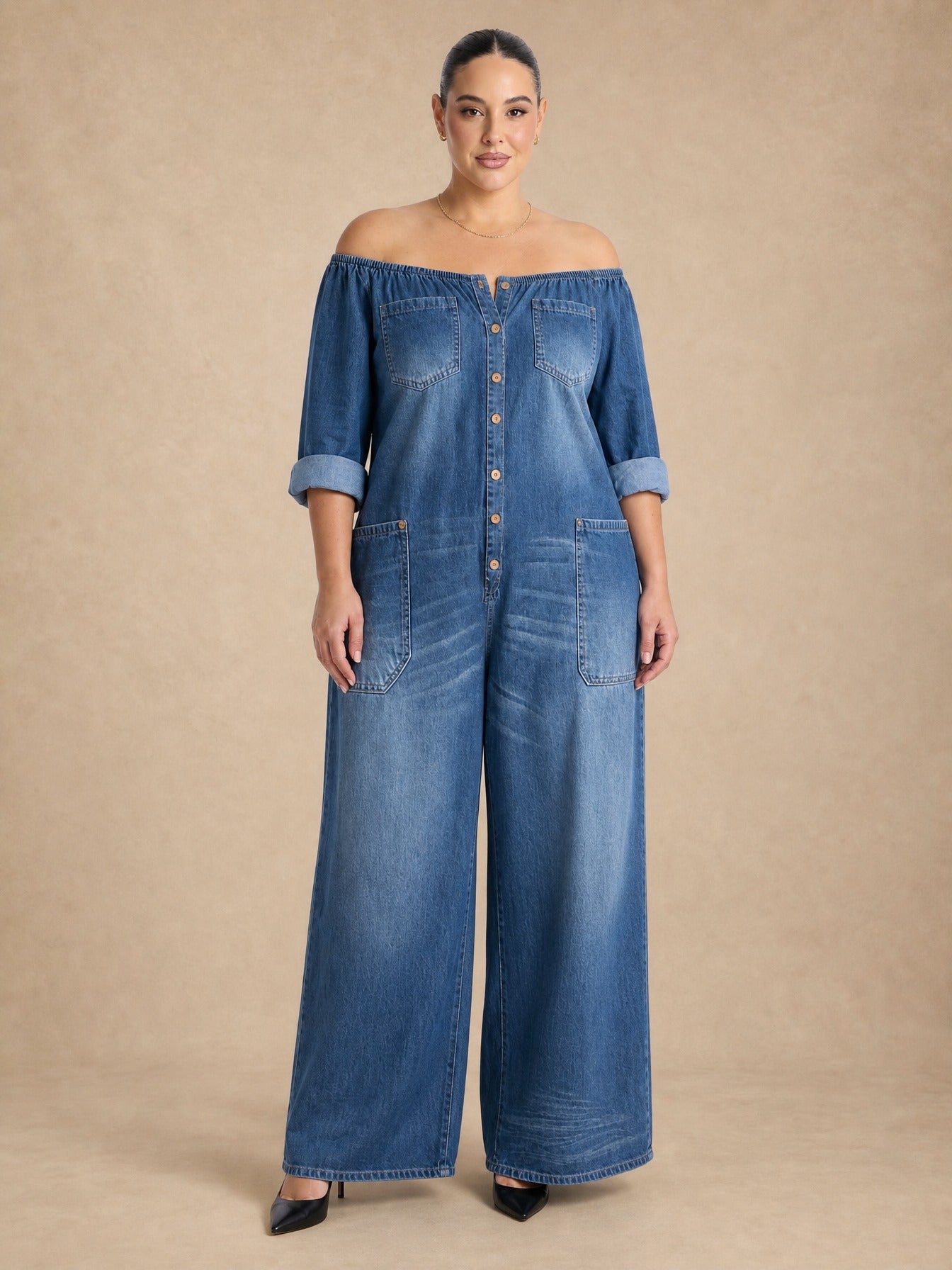 Elena Off Shoulder Denim Jumpsuit