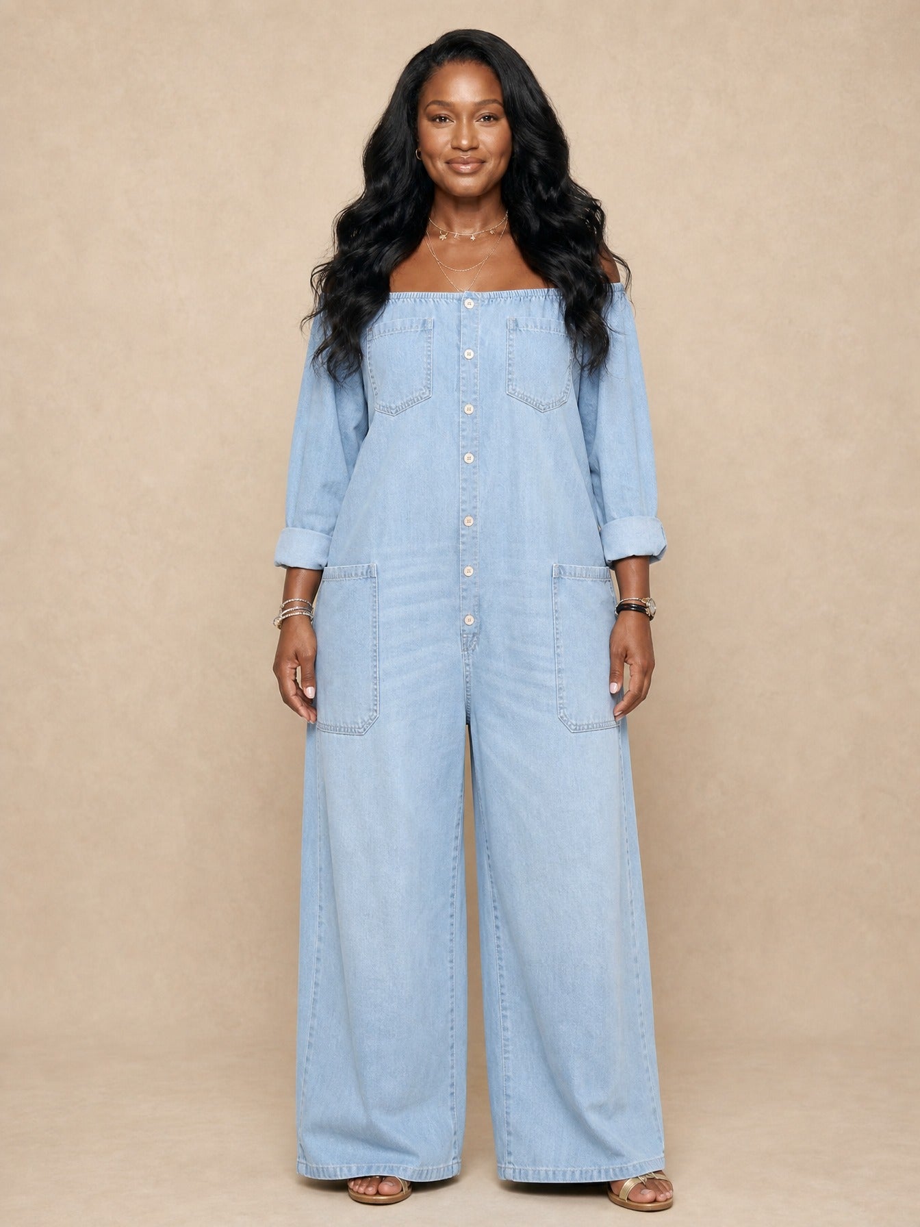 Elena Off Shoulder Denim Jumpsuit