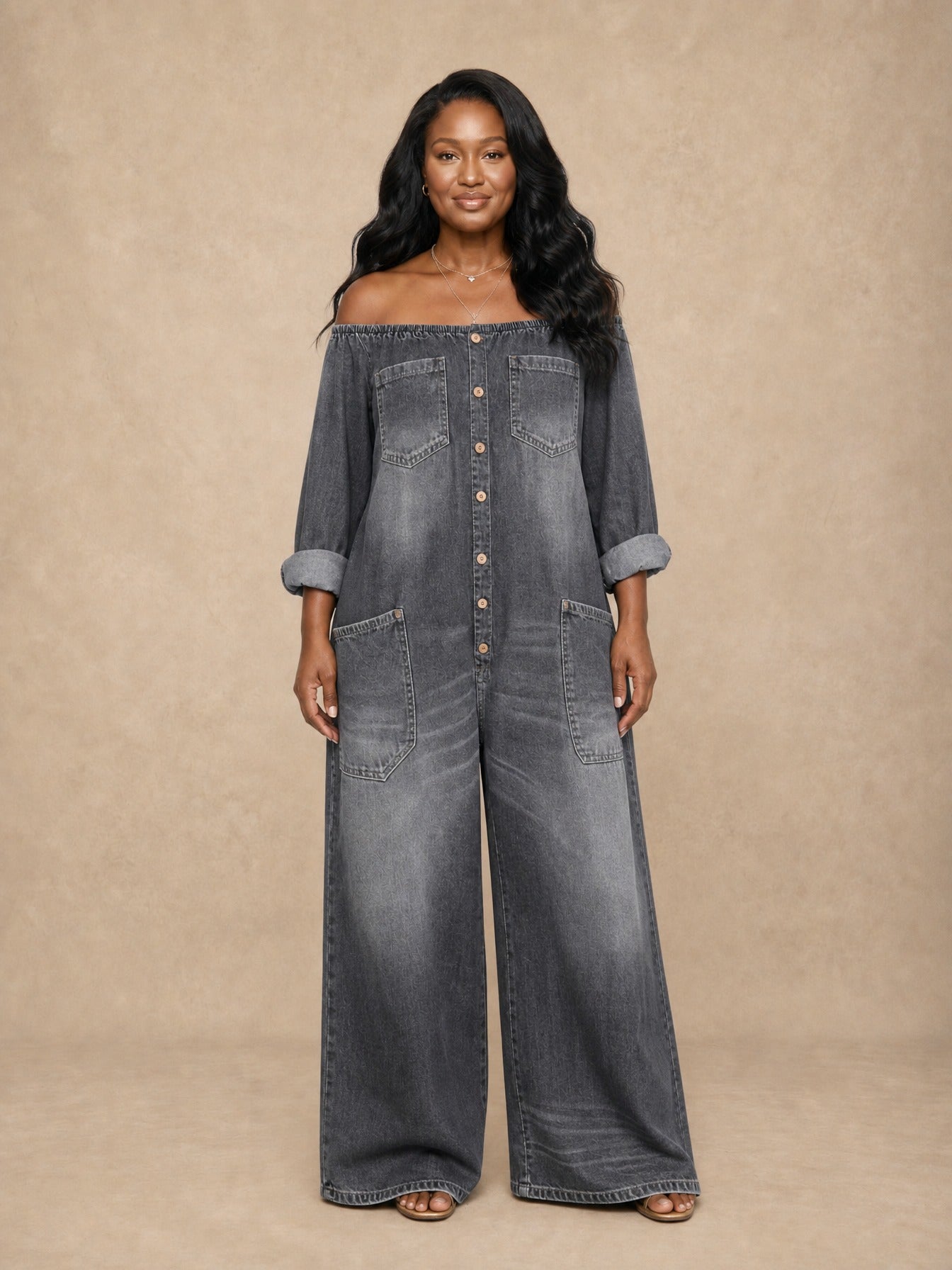 Elena Off Shoulder Denim Jumpsuit