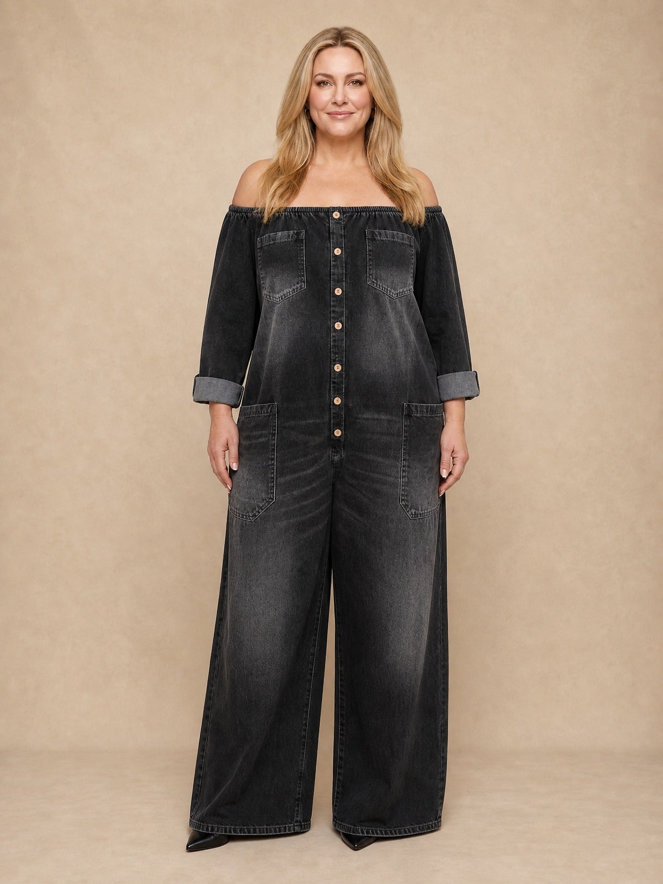 Elena Off Shoulder Denim Jumpsuit