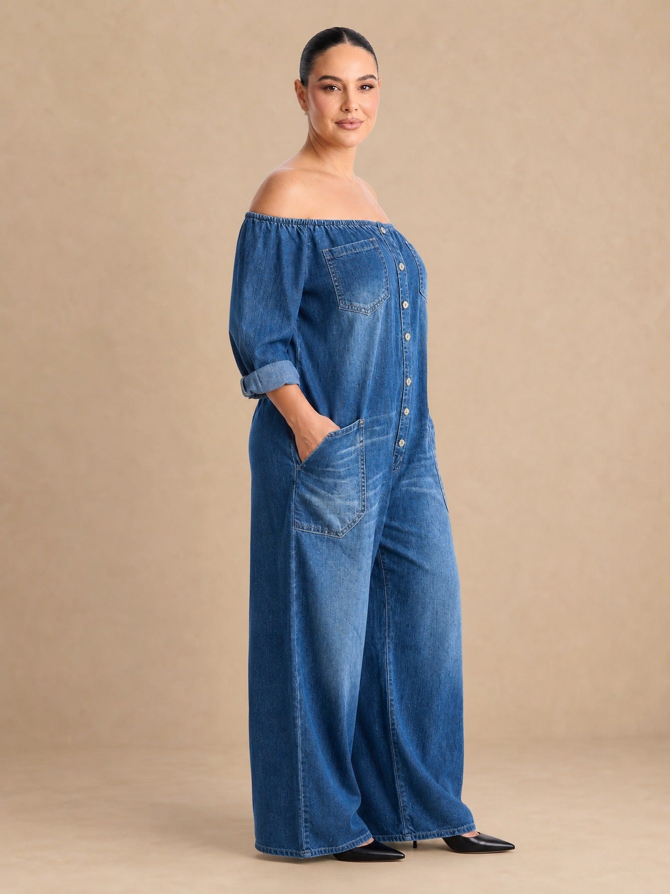 Elena Off Shoulder Denim Jumpsuit