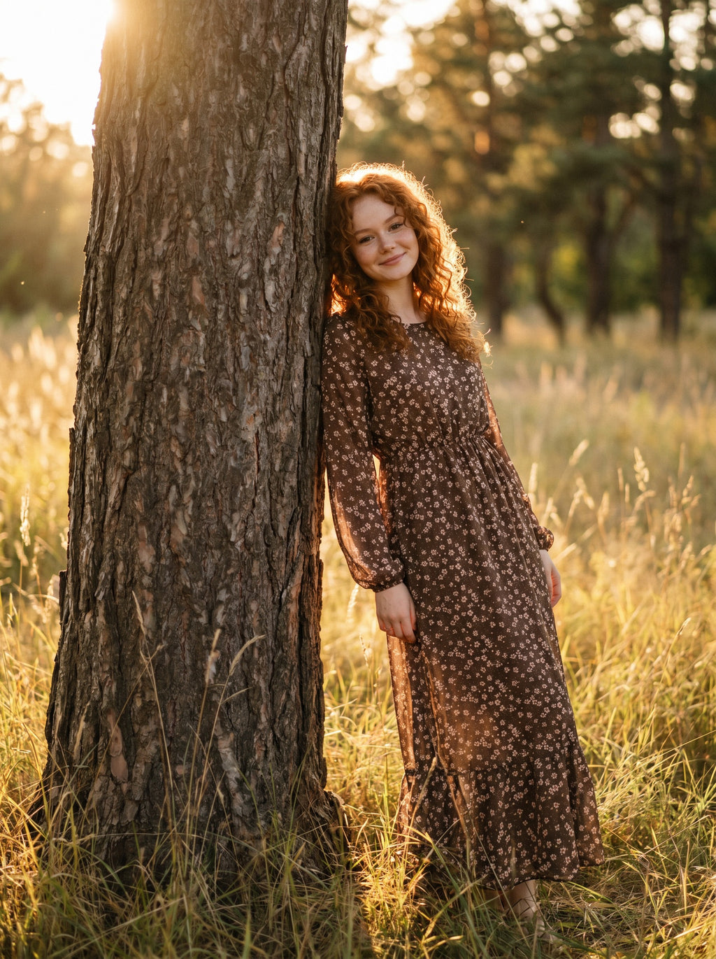 Clara Flounce Hem Maxi Dress in Chestnut Calico