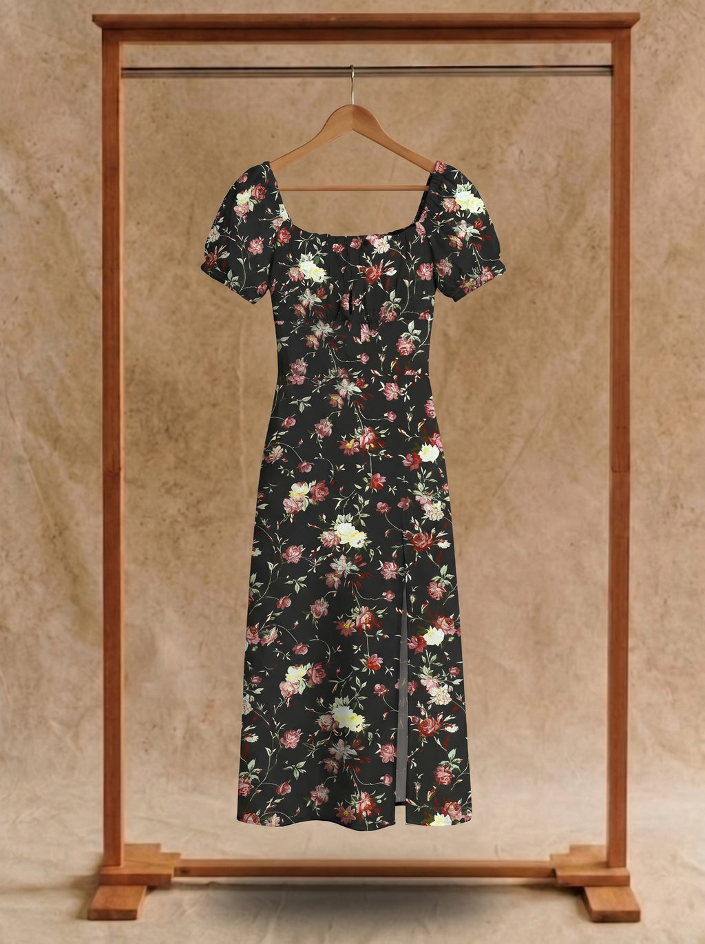 Harlow Puff Sleeve Midi Dress in Midnight Roses