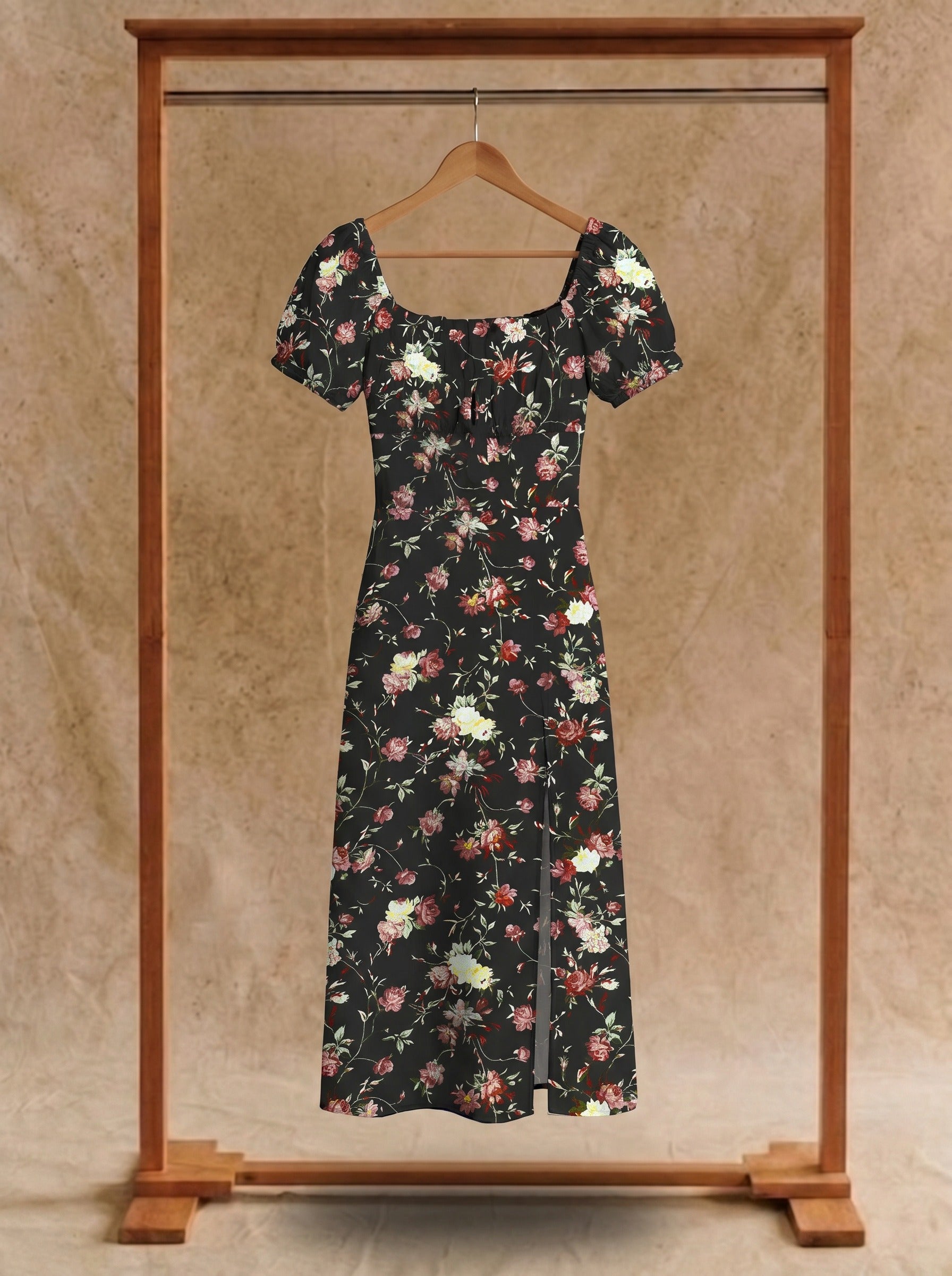 Harlow Puff Sleeve Midi Dress in Midnight Roses