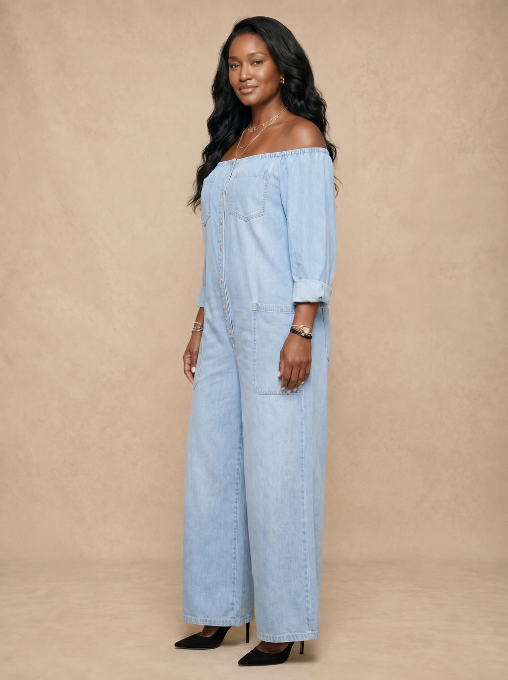 Elena Off Shoulder Denim Jumpsuit