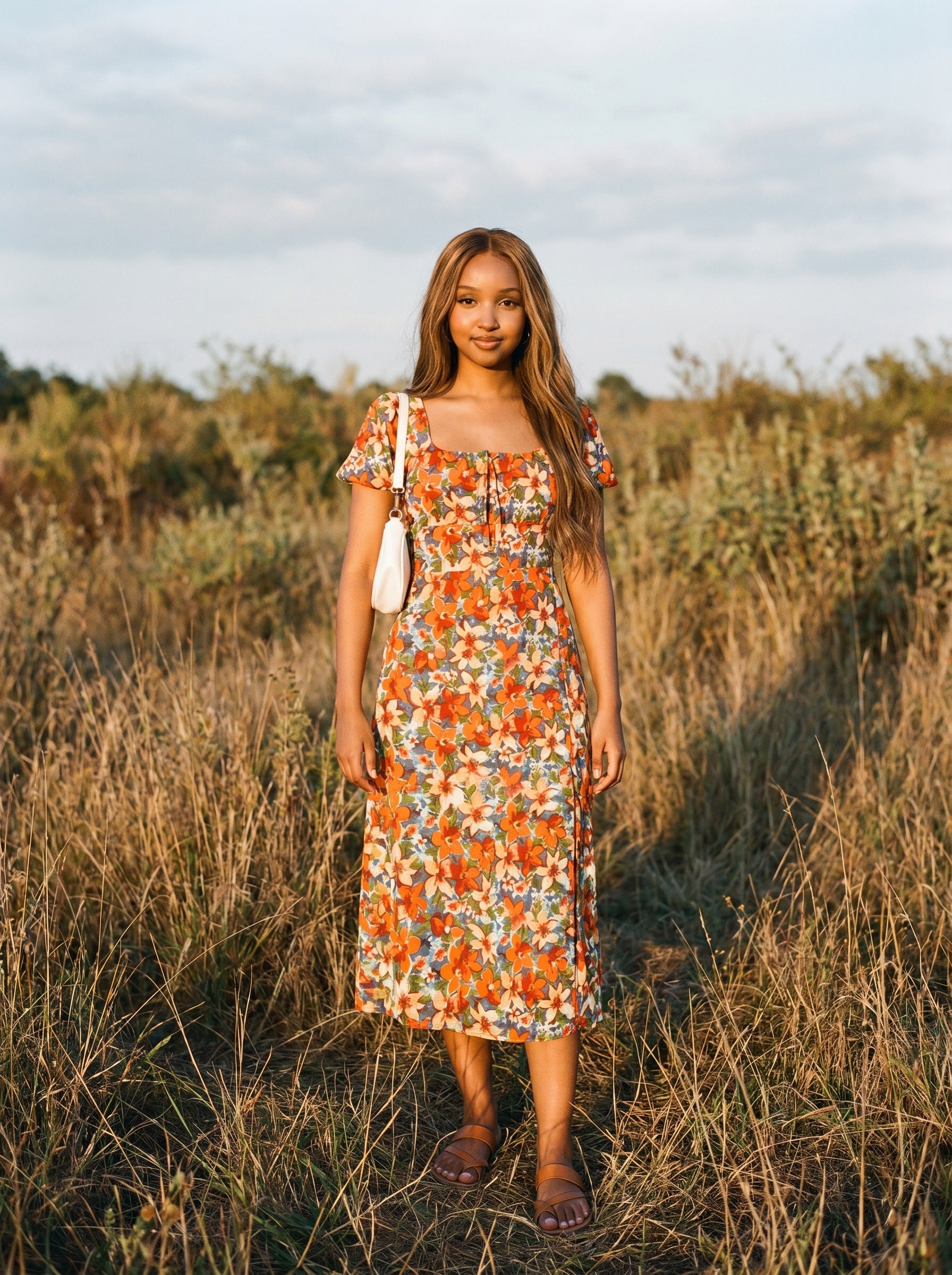 Harlow Puff Sleeve Midi Dress in Poppy Meadow