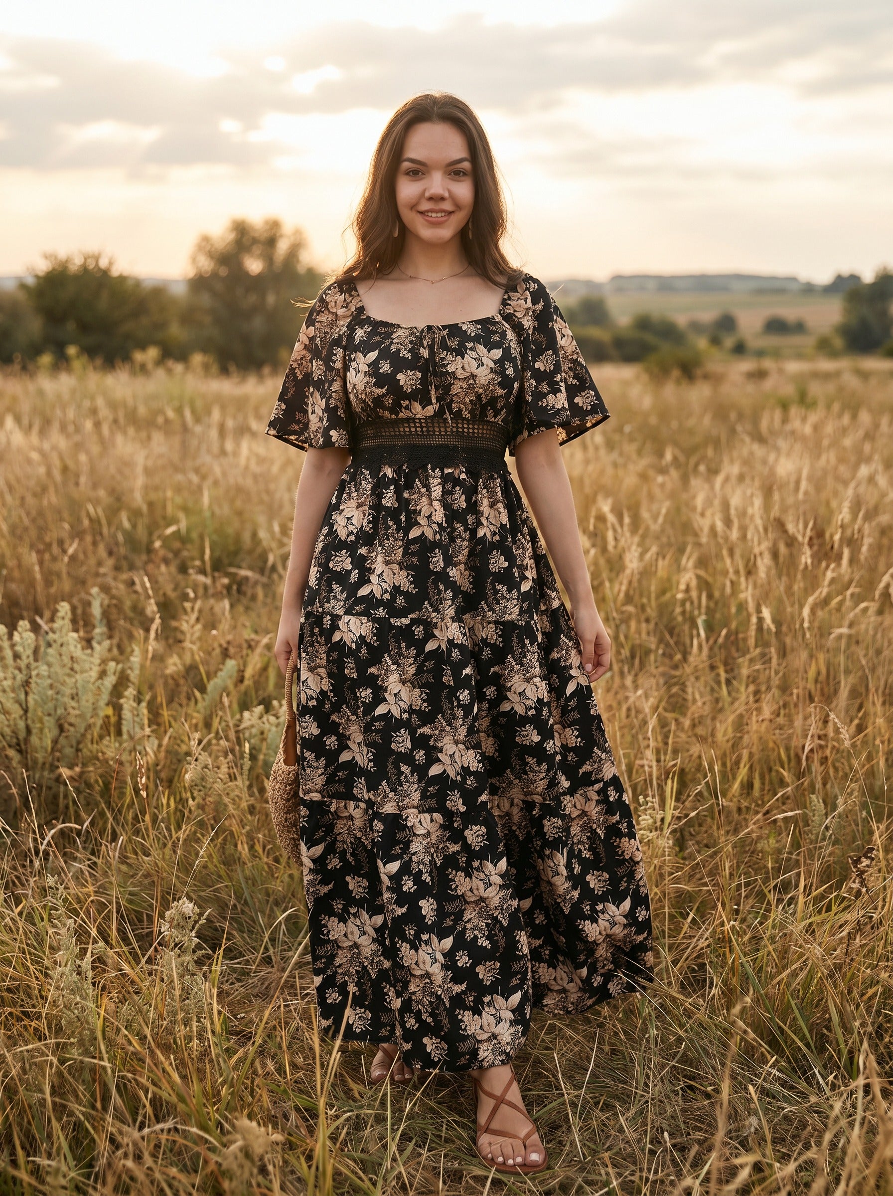 Colette Flutter Sleeve Maxi Dress in Antique Noir Florals