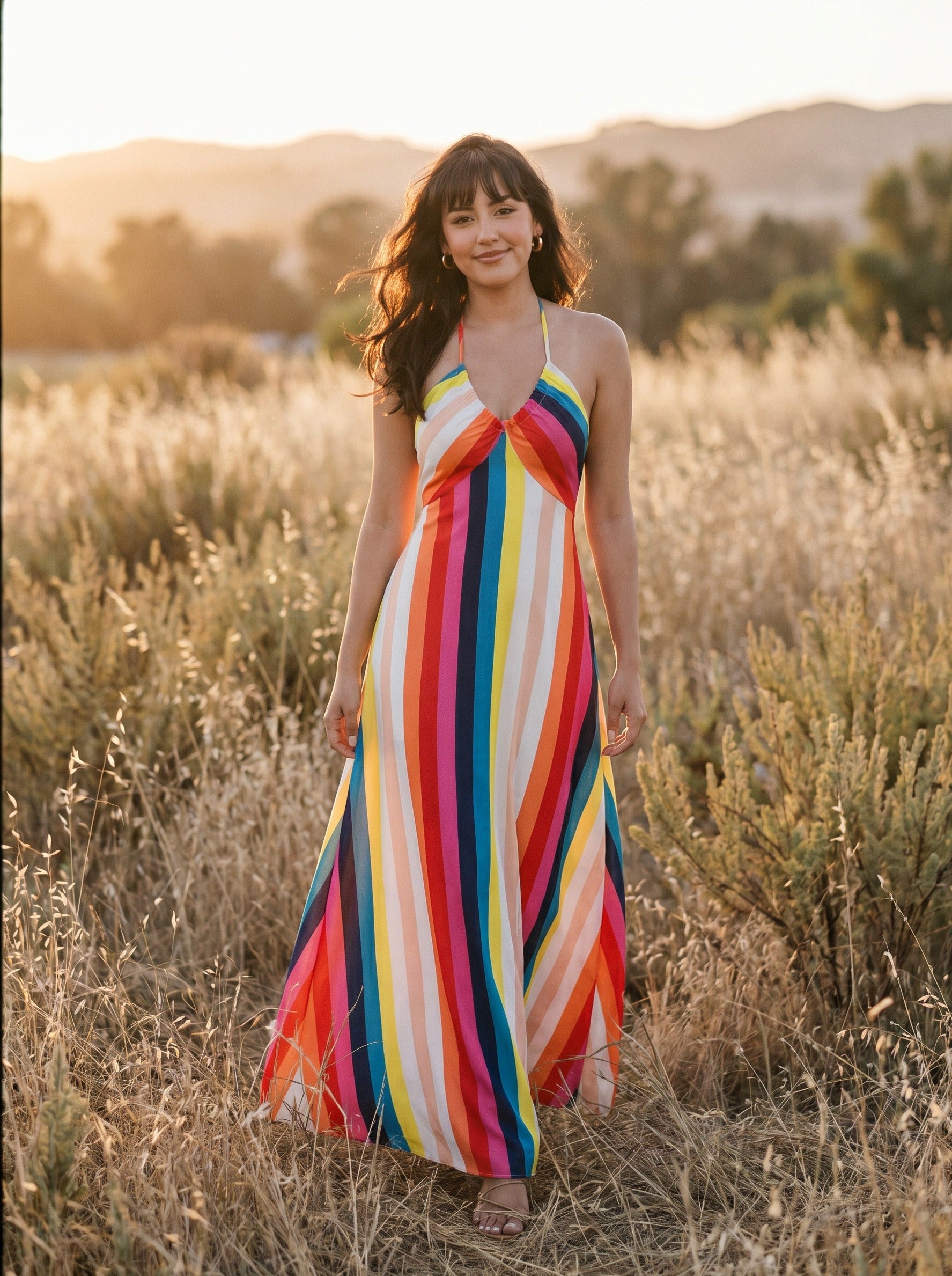 Odette Halter Maxi Dress in Rainbow Ribbon Stripes