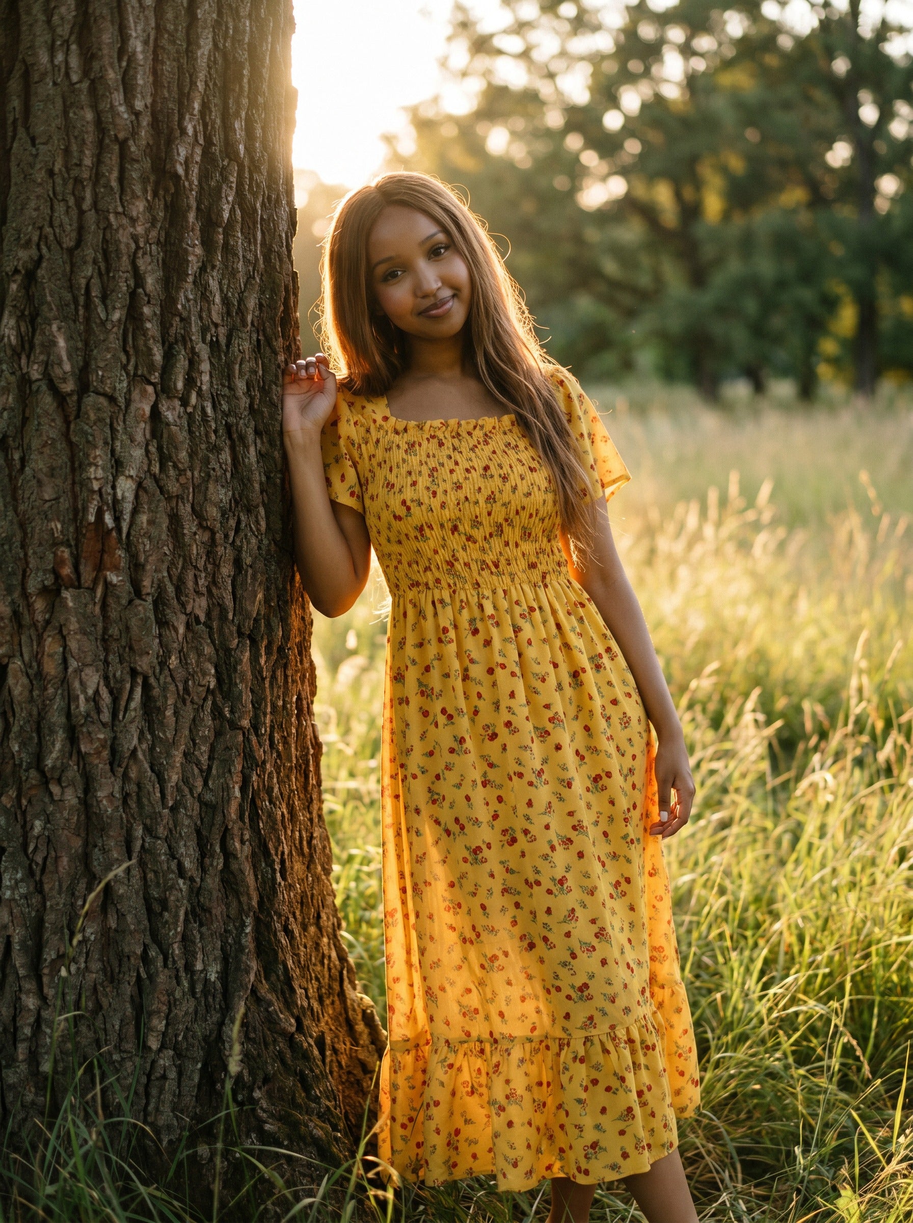 Beatrix Smocked Puff Sleeve Midi Dress in Vintage Rosebud Florals