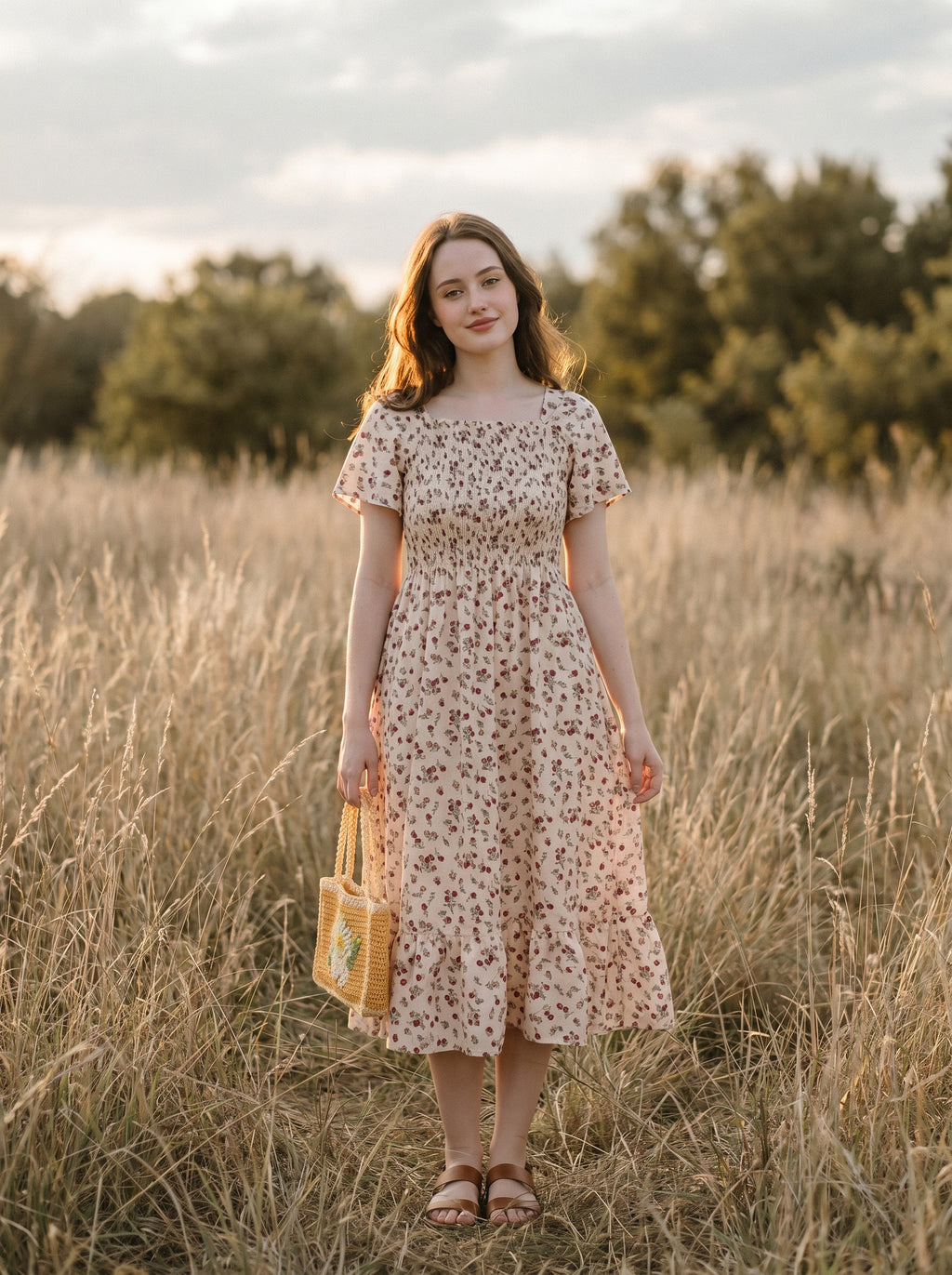 Beatrix Smocked Puff Sleeve Midi Dress in Vintage Rosebud Florals