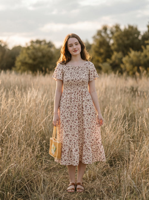 Beatrix Smocked Puff Sleeve Midi Dress in Vintage Rosebud Florals