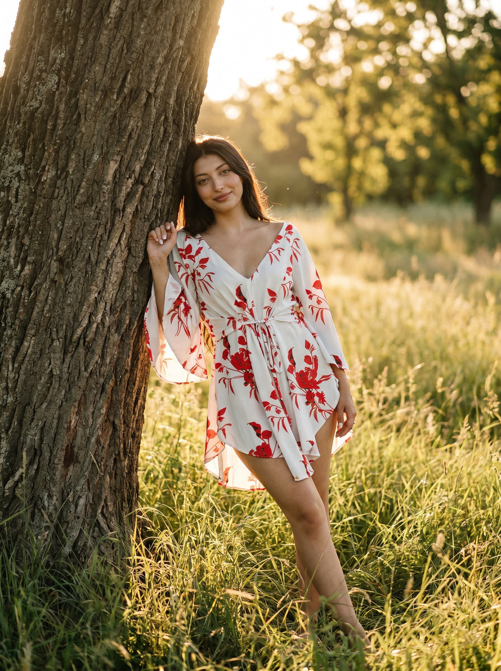 Genevieve Flutter Sleeve Mini Dress in Scarlet Blossom