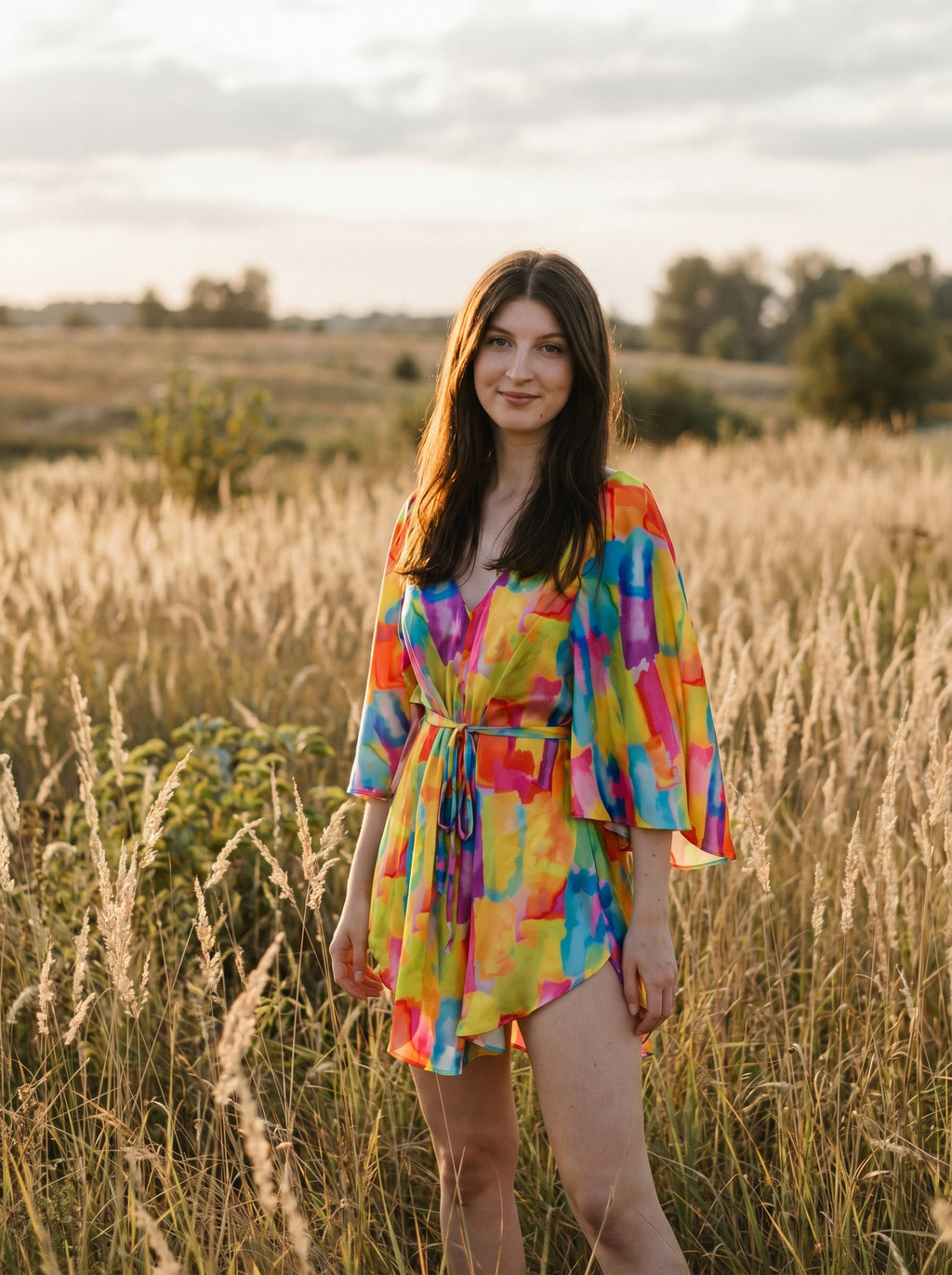 Genevieve Flutter Sleeve Mini Dress in Watercolor Carnival