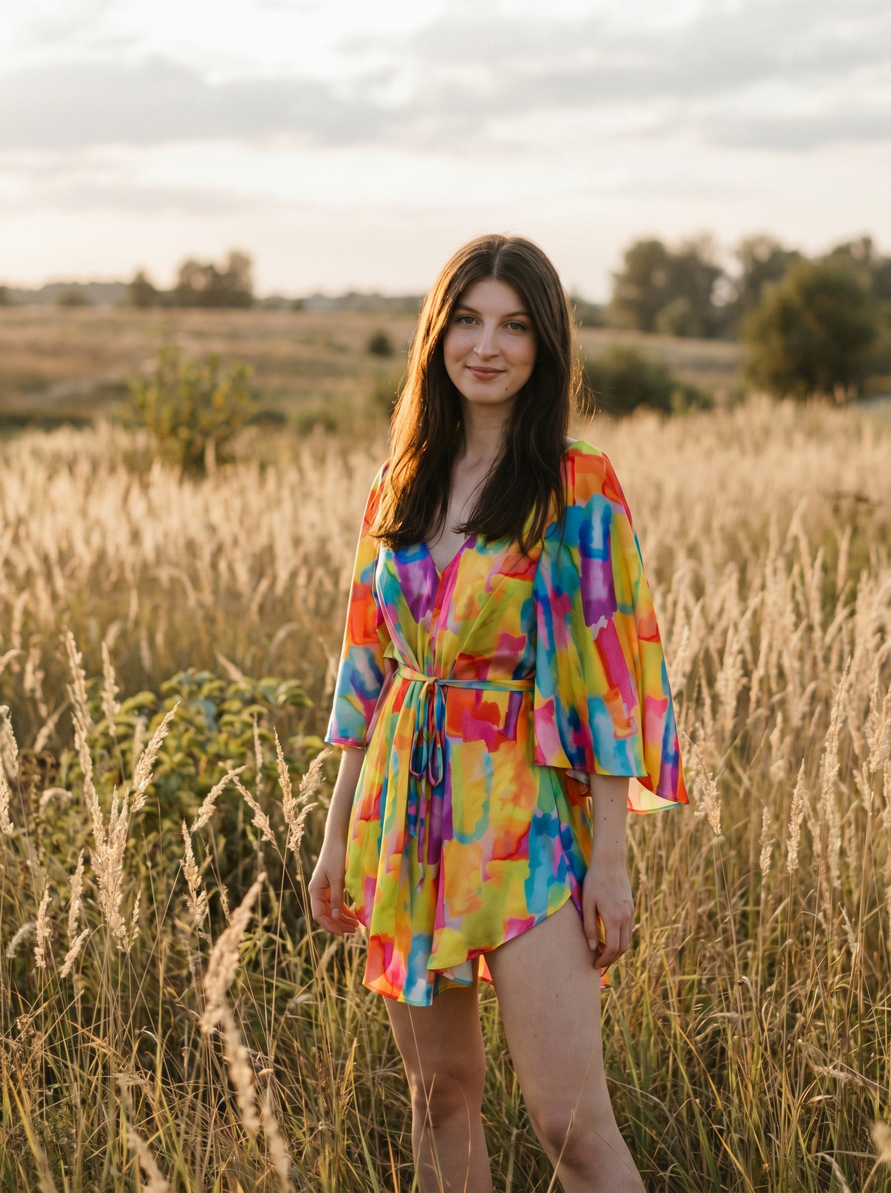 Genevieve Flutter Sleeve Mini Dress in Watercolor Carnival