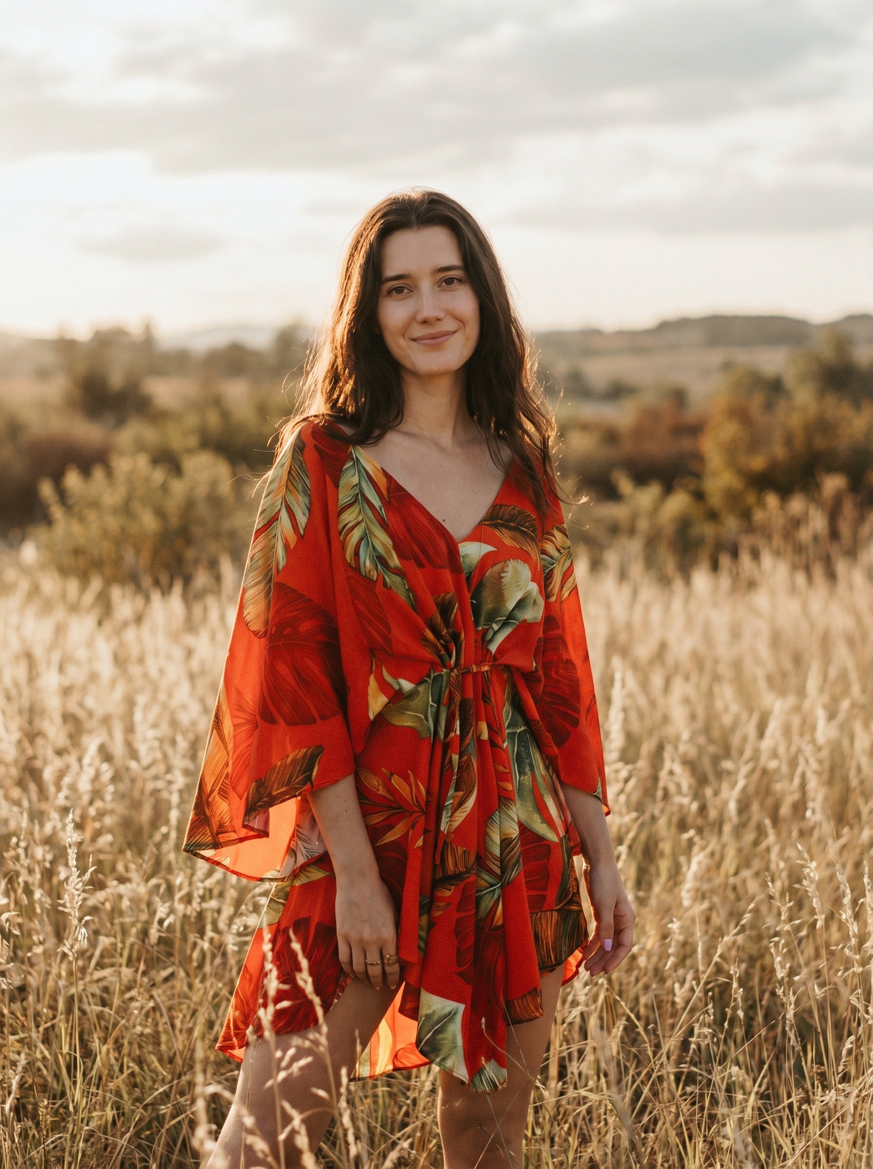 Genevieve Flutter Sleeve Mini Dress in Sunset Palm