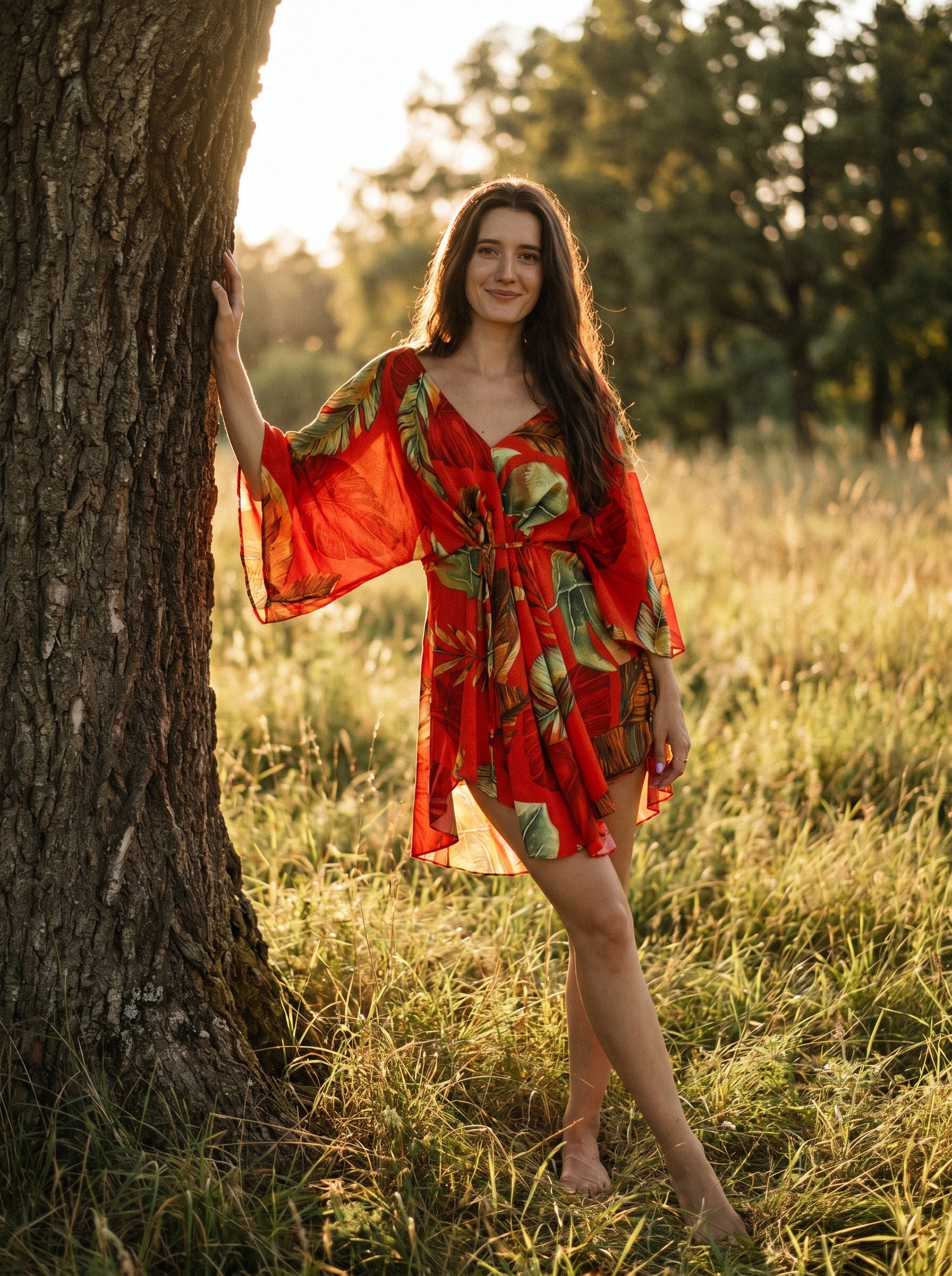Genevieve Flutter Sleeve Mini Dress in Sunset Palm